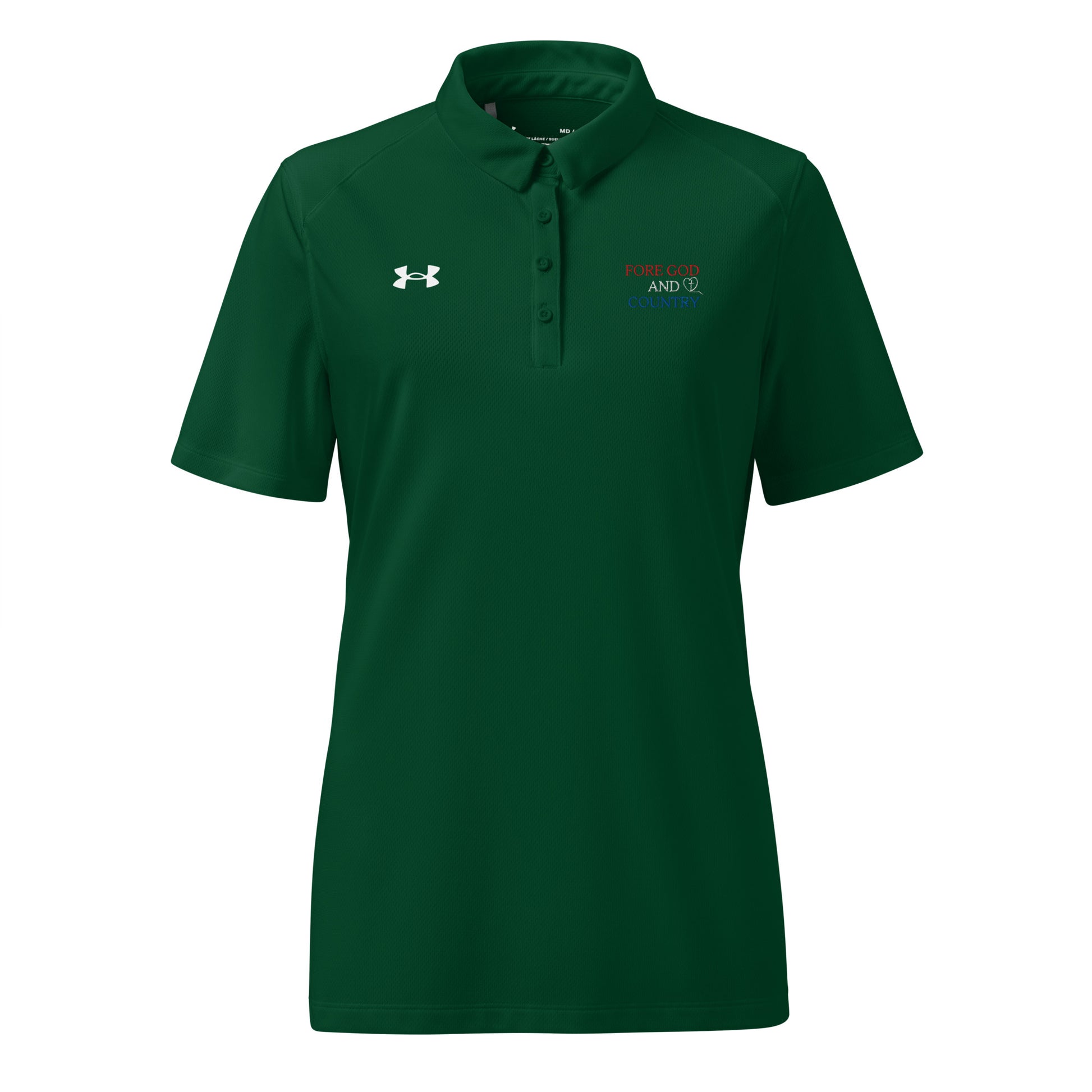 forest green Under Armour polo with embroidered faith slogan