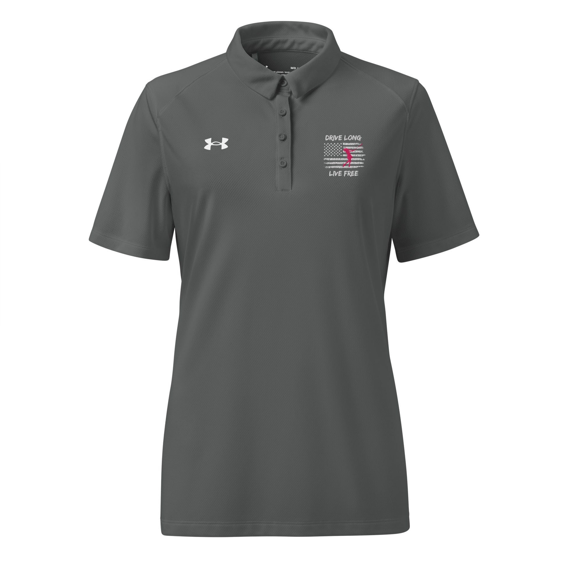 grey ladies golf shirt with bold stitched patriotic golf logo
