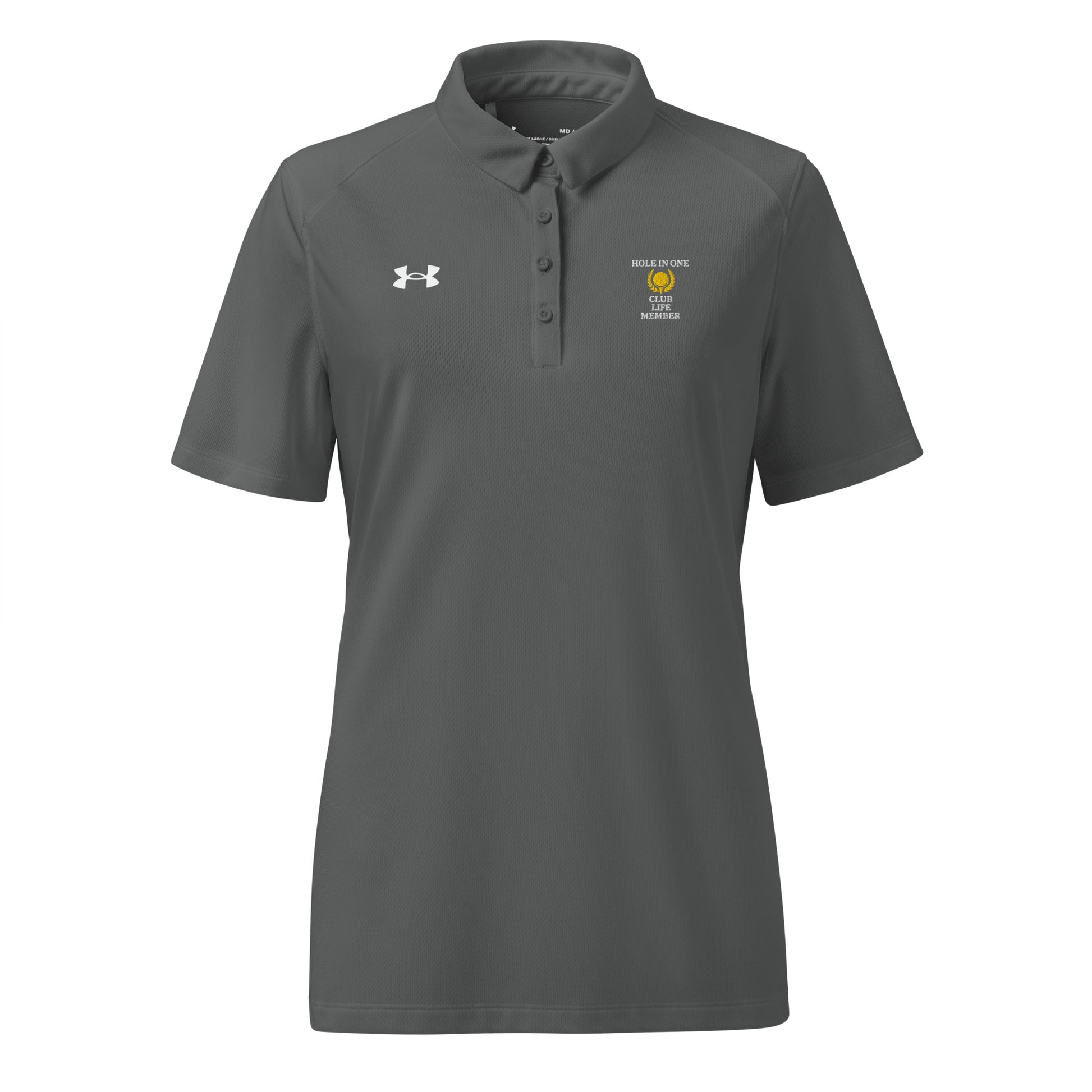 grey textured golf polo with embroidered ladies hole in one crest