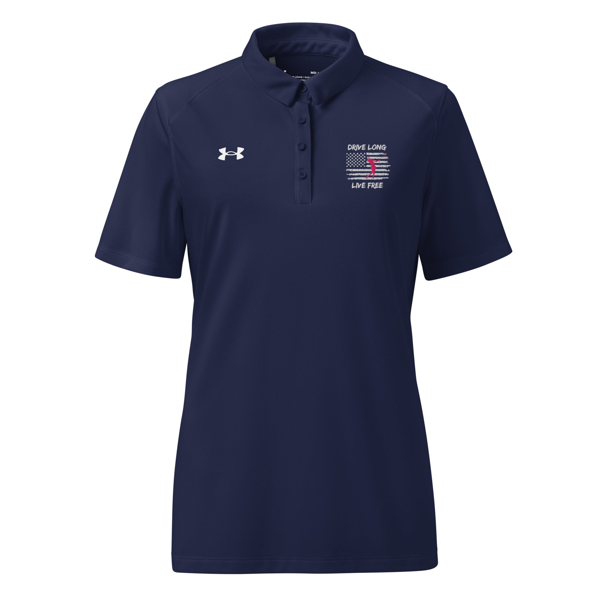 navy blue golf polo shirt for women with patriotic driver graphic