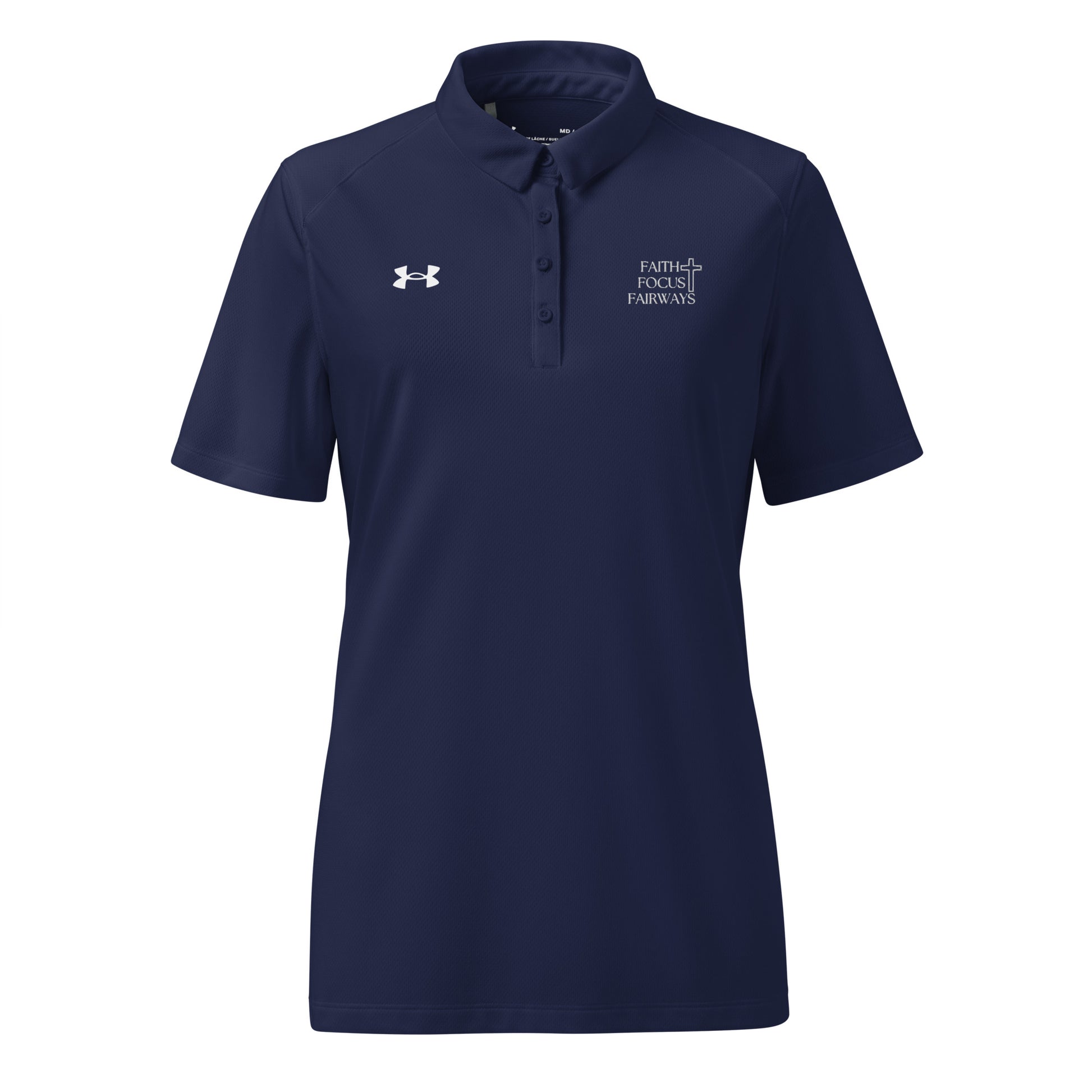 navy Under Armour golf polo with embroidered message for women
