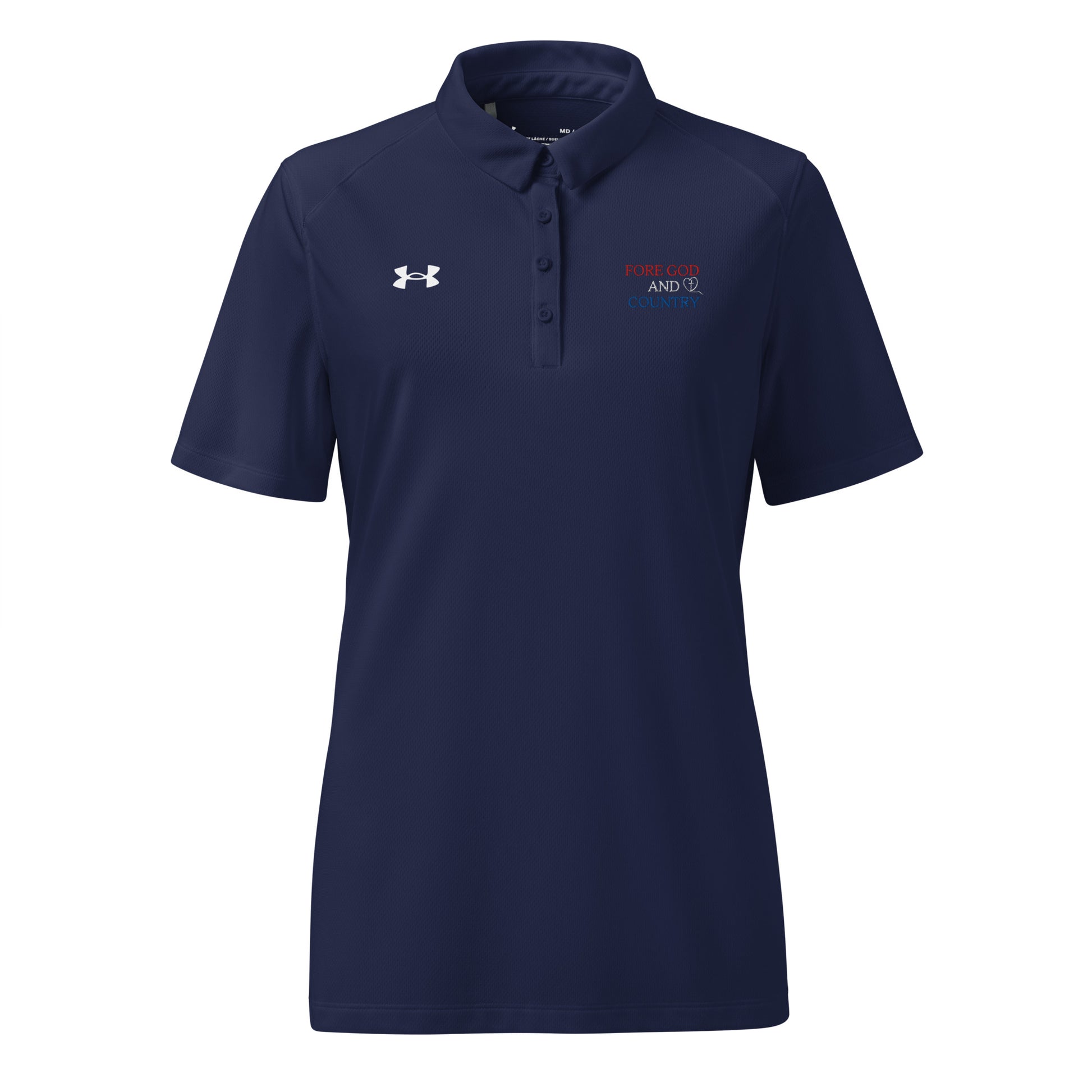 navy ladies golf polo with religious and patriotic message