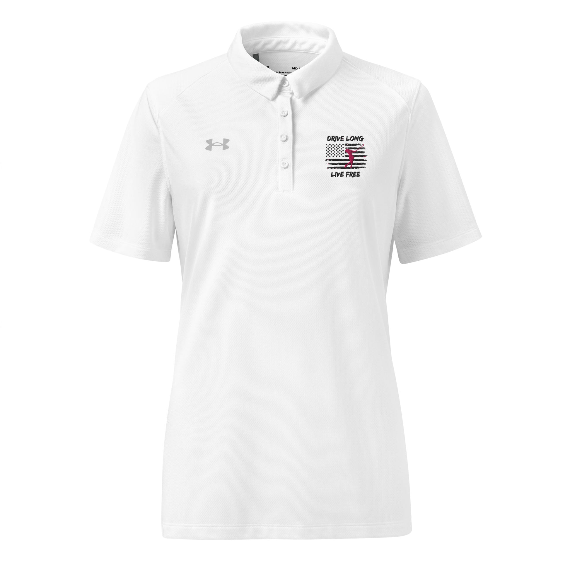 white Under Armour golf polo for women with statement USA graphic