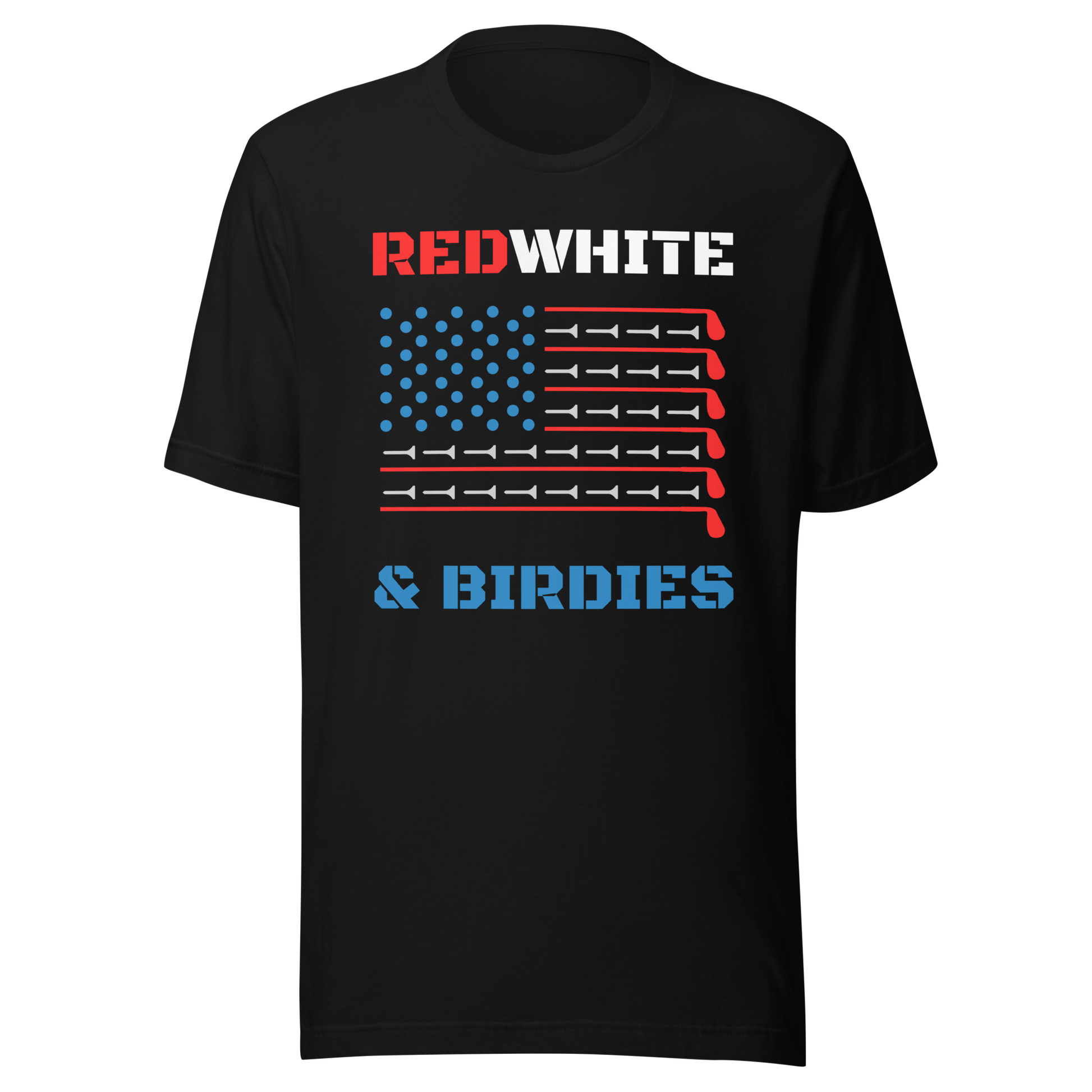 Bold red, white, and blue typography on apparel