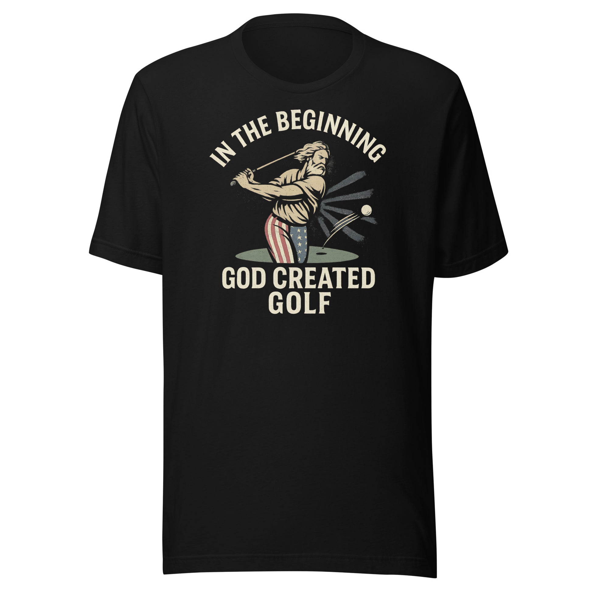 retro tee with bearded figure launching golf ball