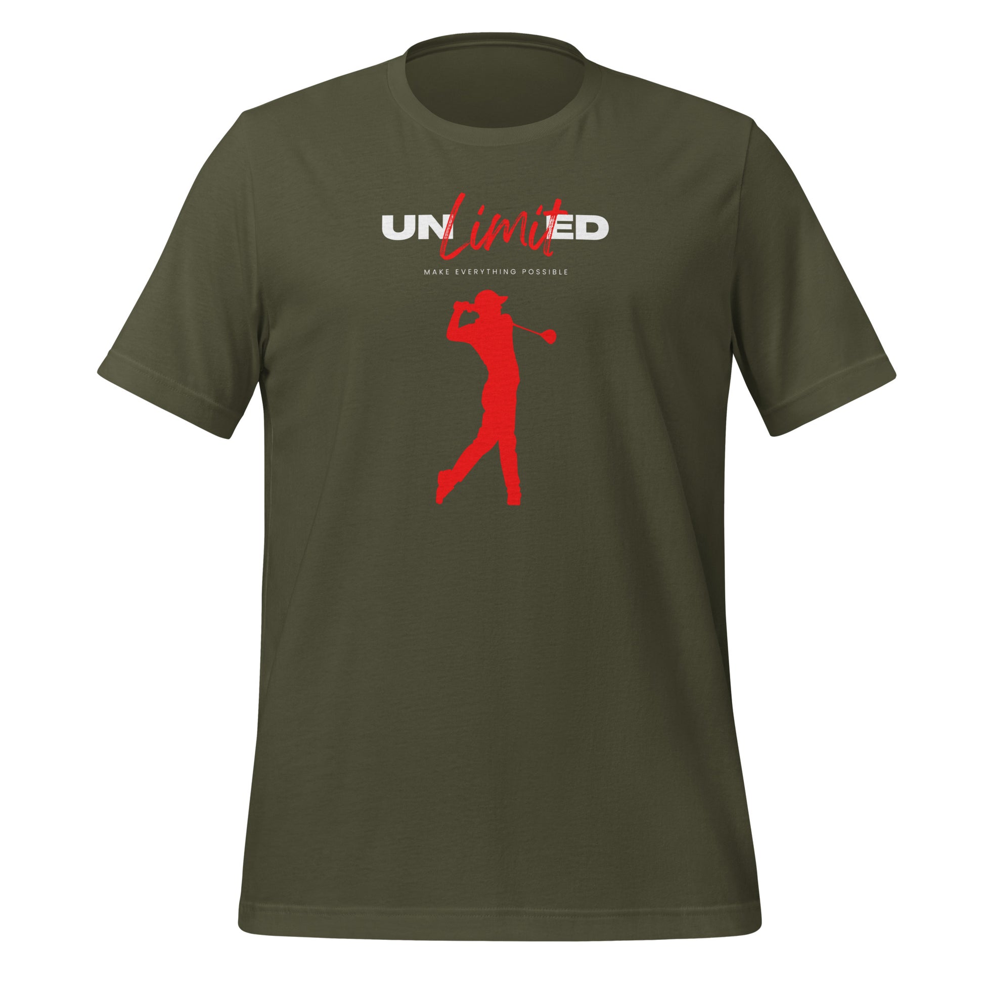 White and red “unlimited” quote on tee