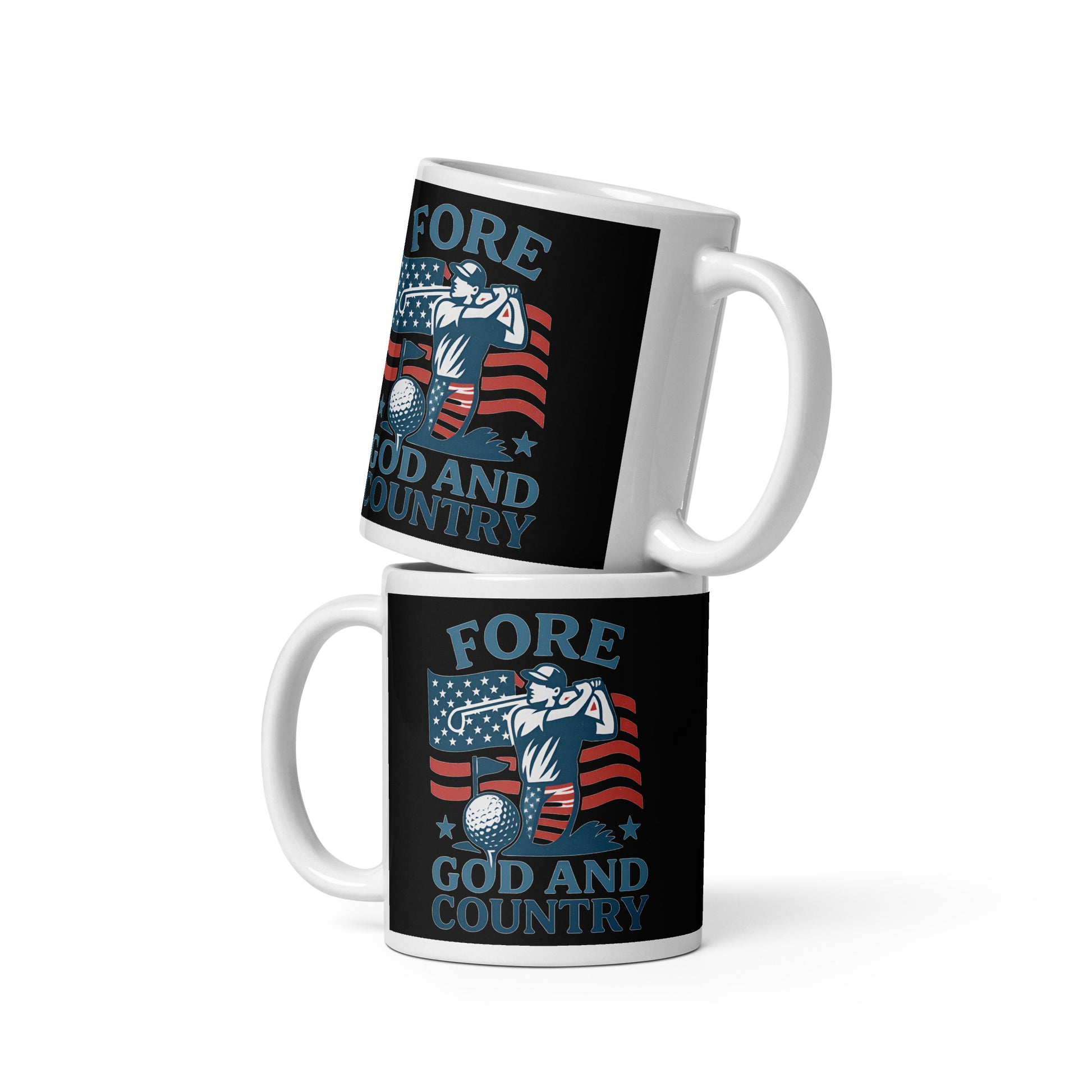 11oz mug with red, white, and blue golfer artwork