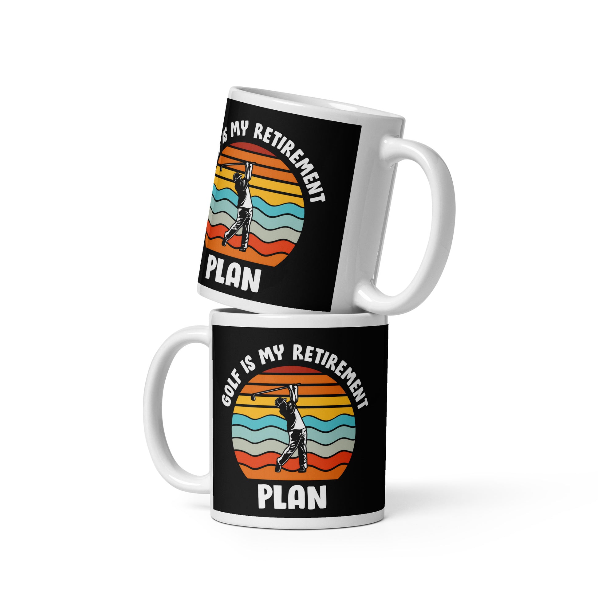11oz mug with golfer silhouette and retro stripe circle