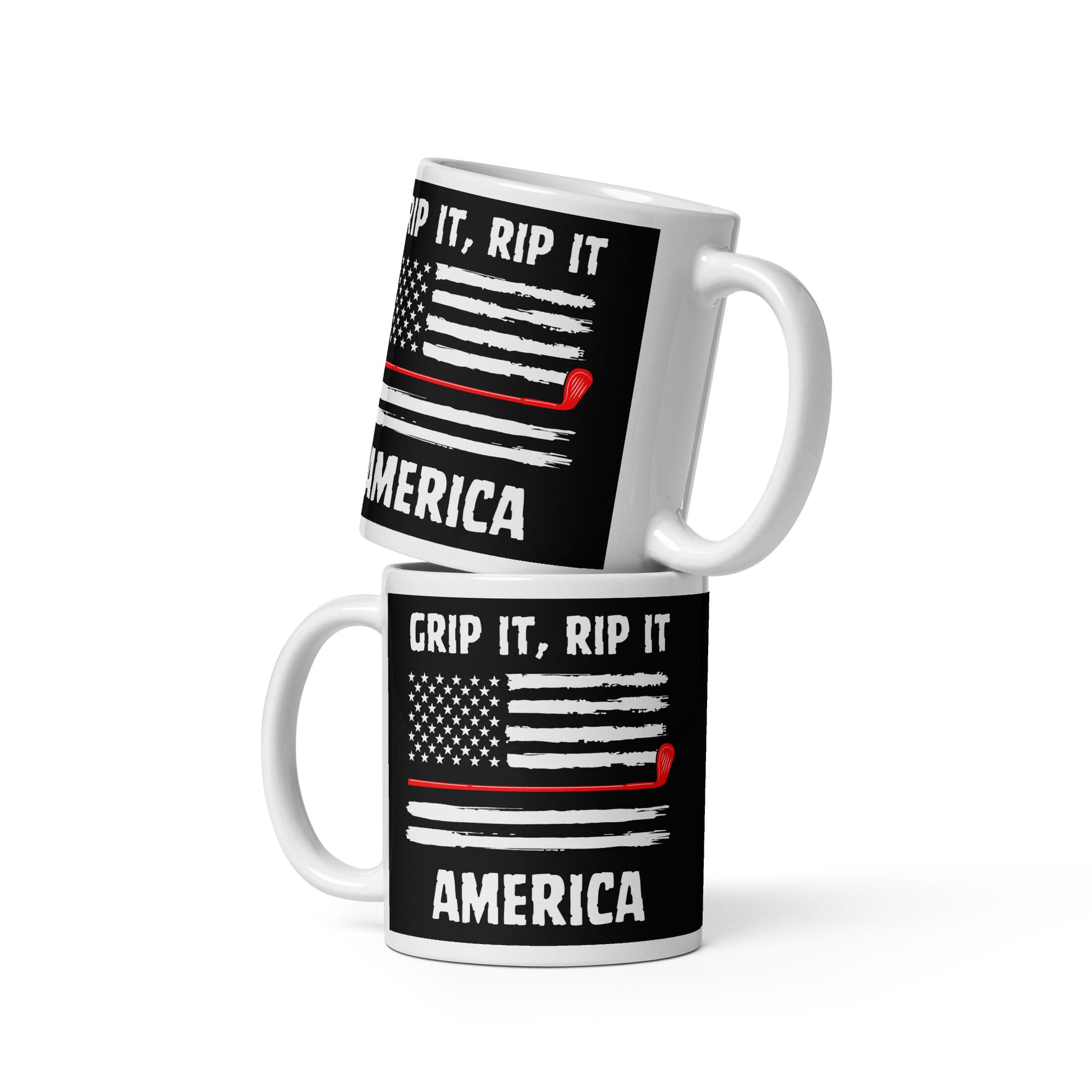 11oz mug with American flag and red golf club illustration