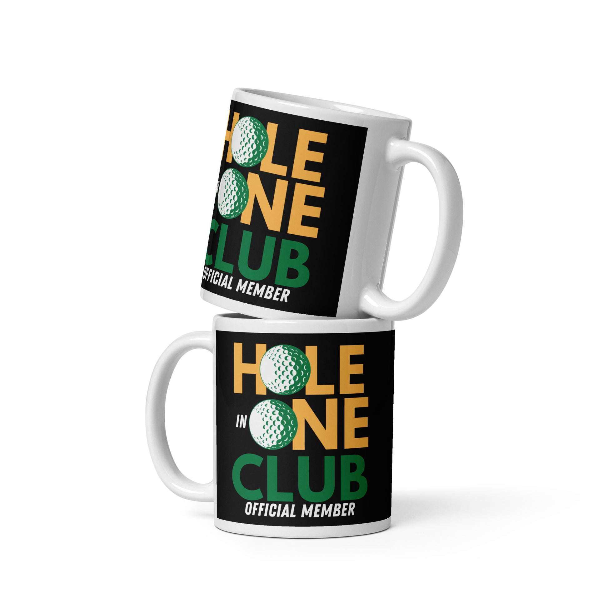 11oz mug featuring “Hole in One Club” layout with golf balls as letters