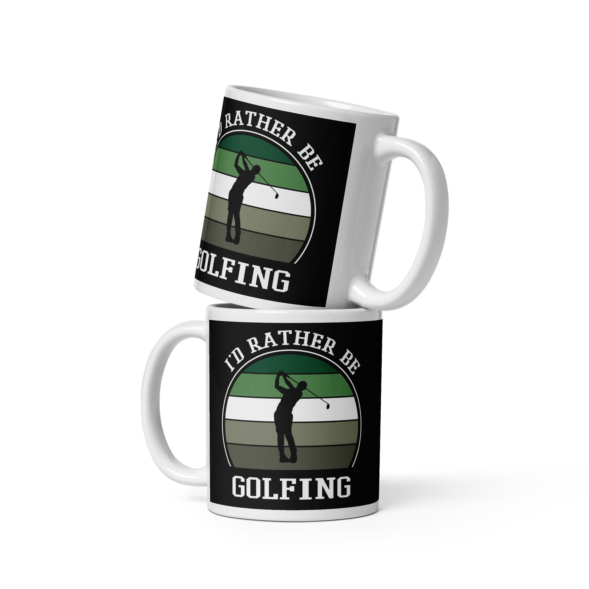 11oz mug with golfer silhouette and retro stripe circle