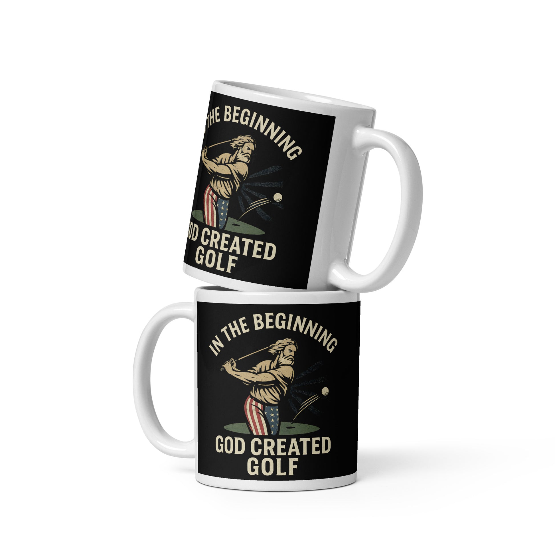11oz mug with godlike figure driving a golf ball in stylized form