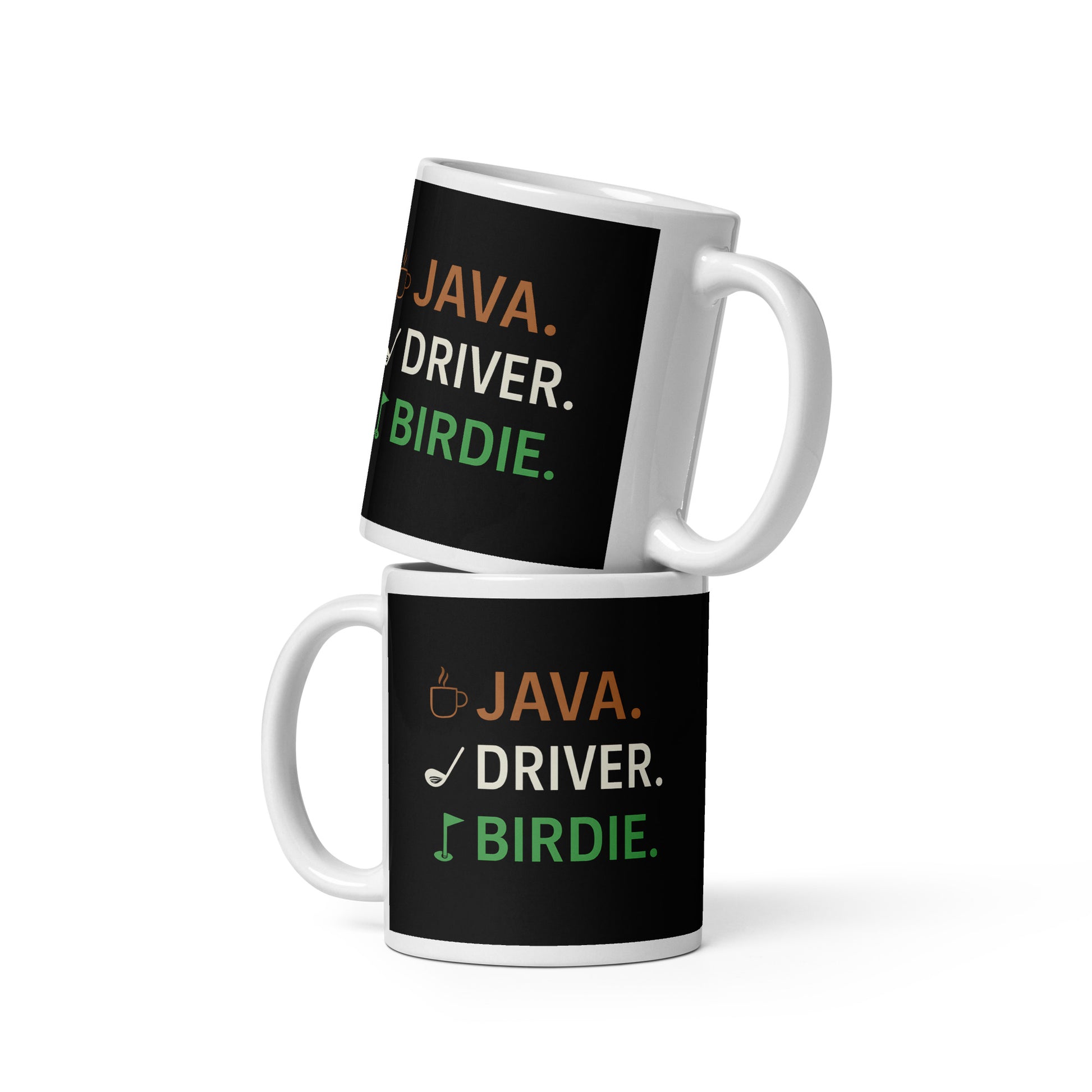11oz mug with JAVA DRIVER BIRDIE green and tan print