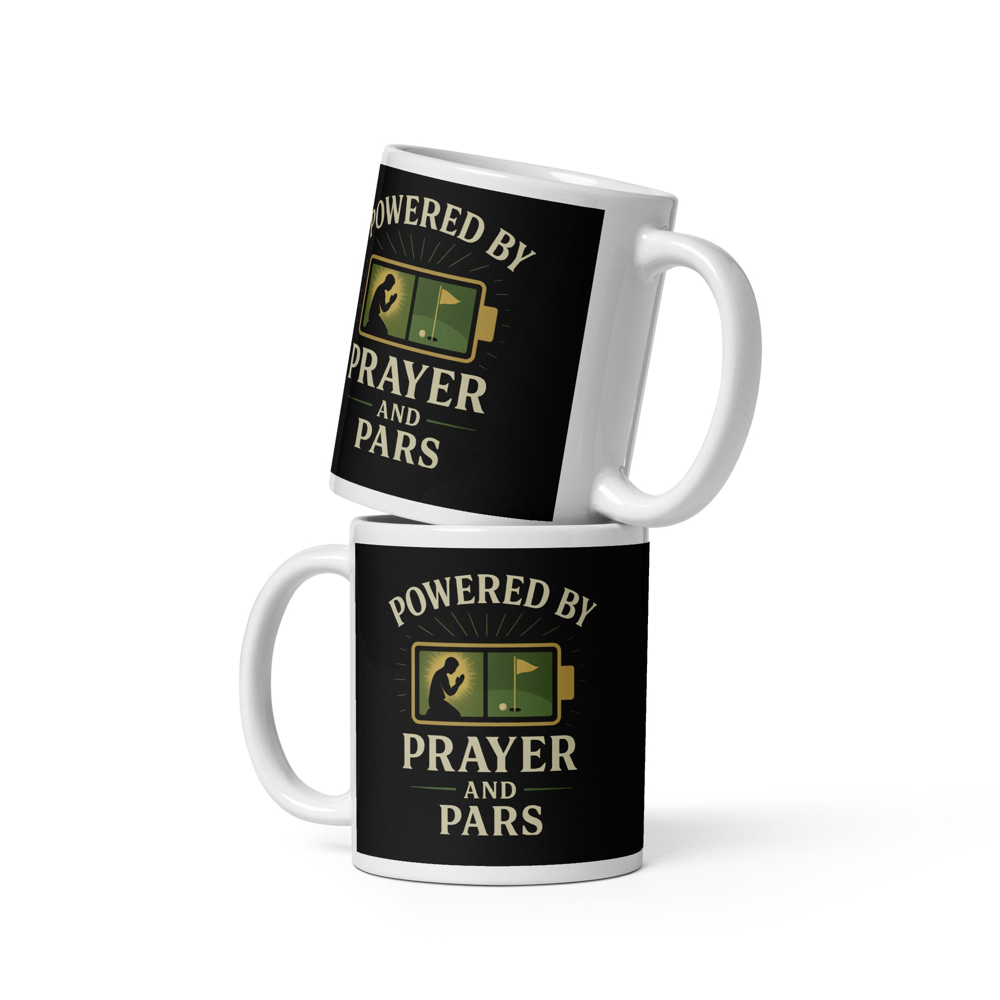 11oz mug with religious golf artwork and flag-themed design