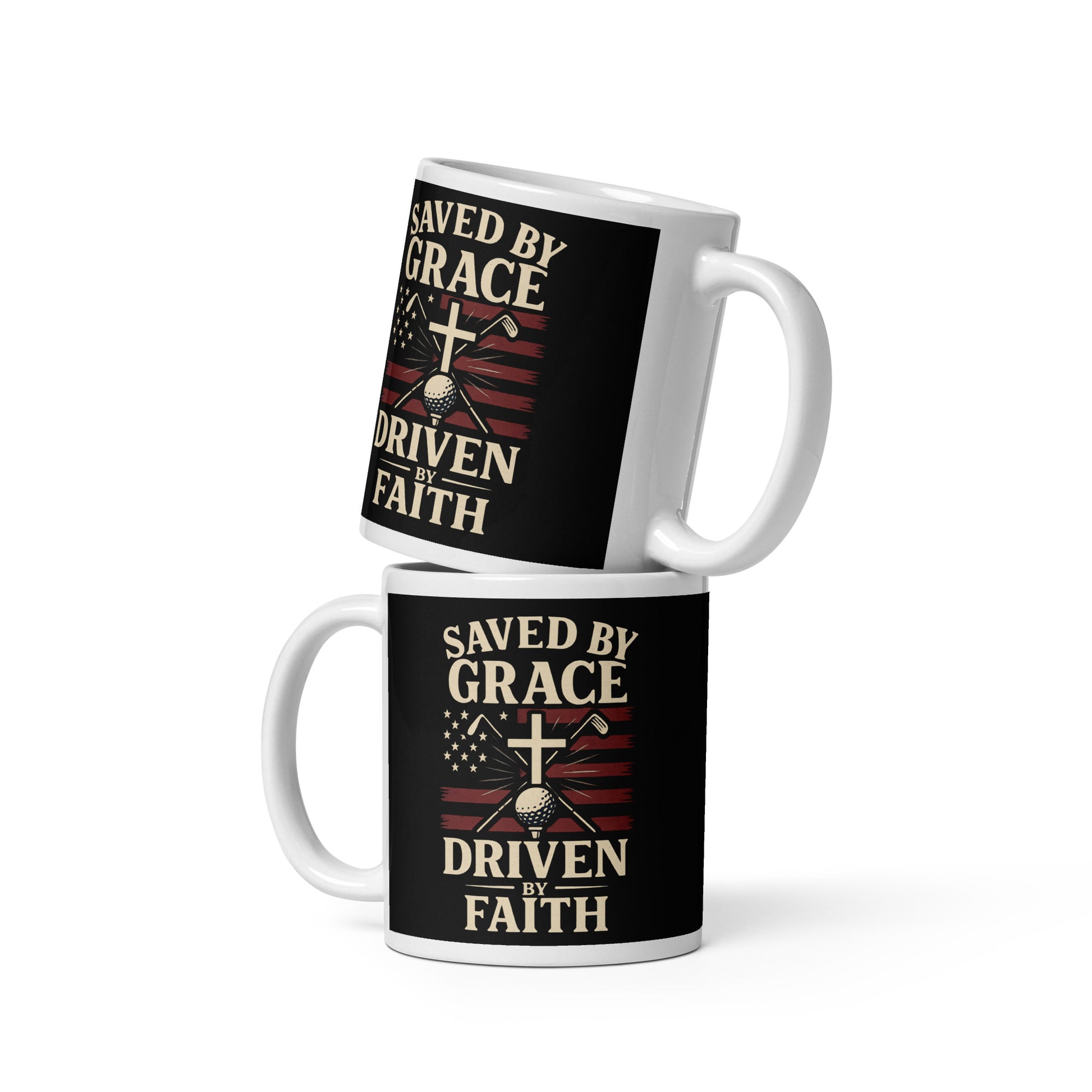 11oz mug with religious golf artwork and flag-themed design