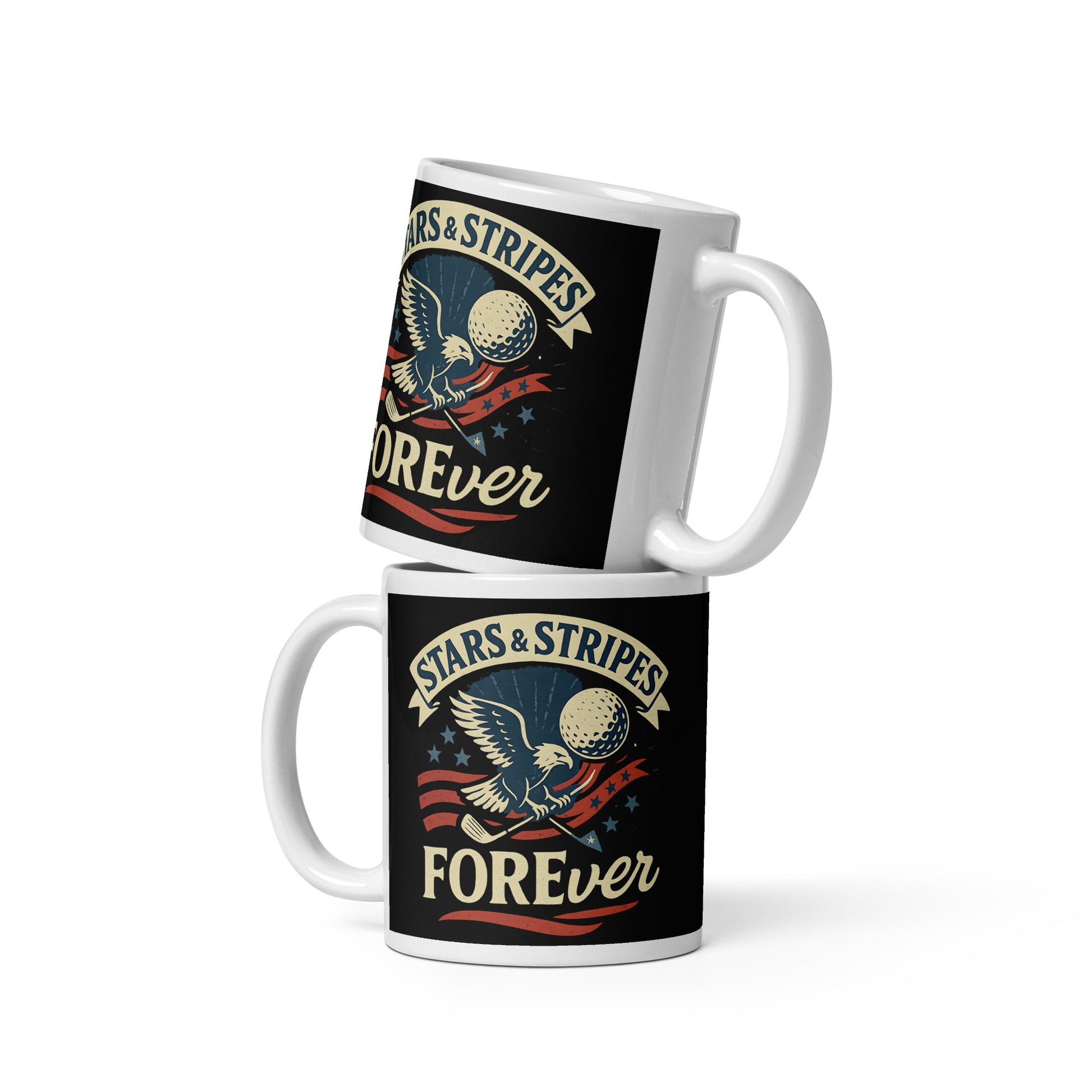 11oz mug with eagle and patriotic golf design on dark backdrop