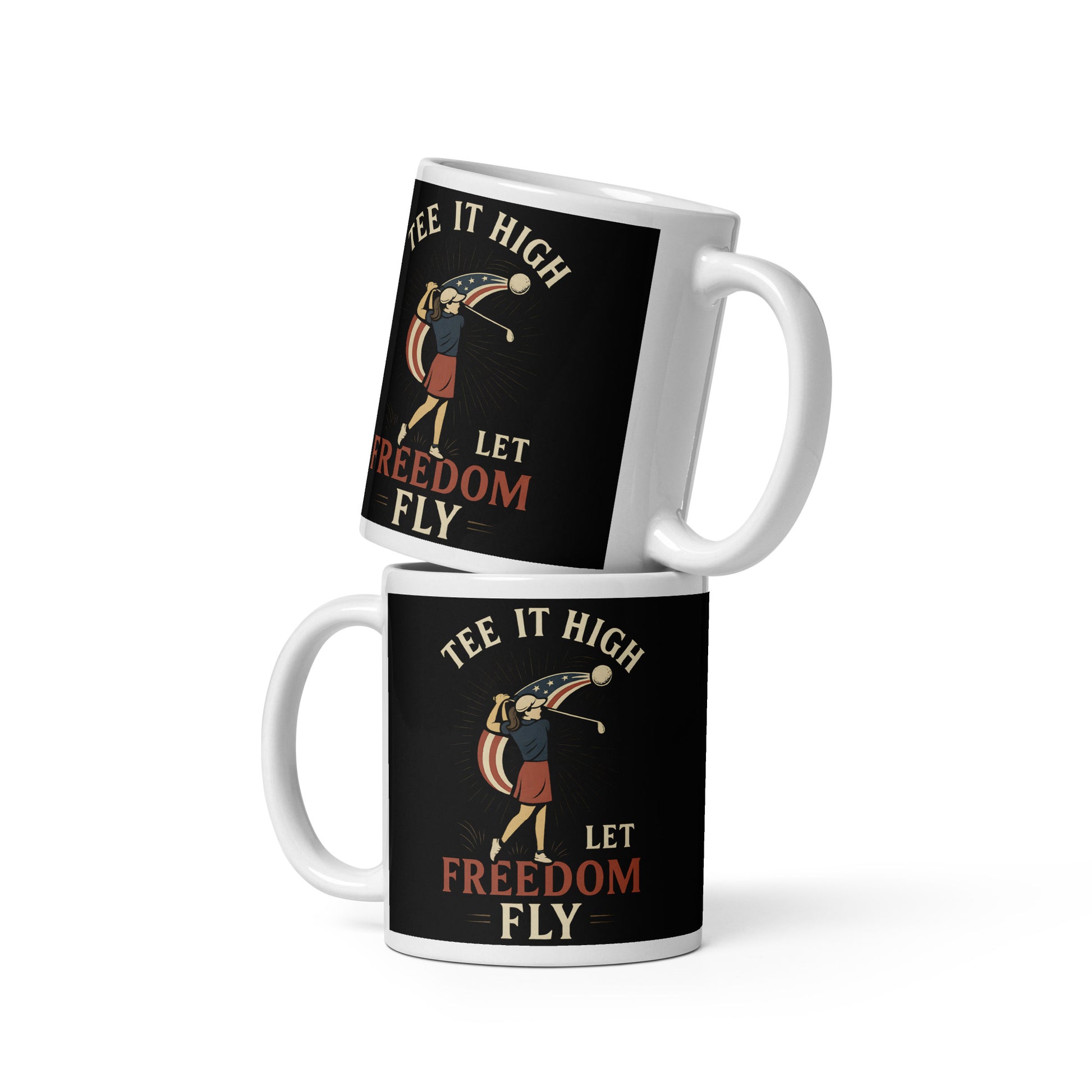 11oz mug with female golf swing and patriotic details