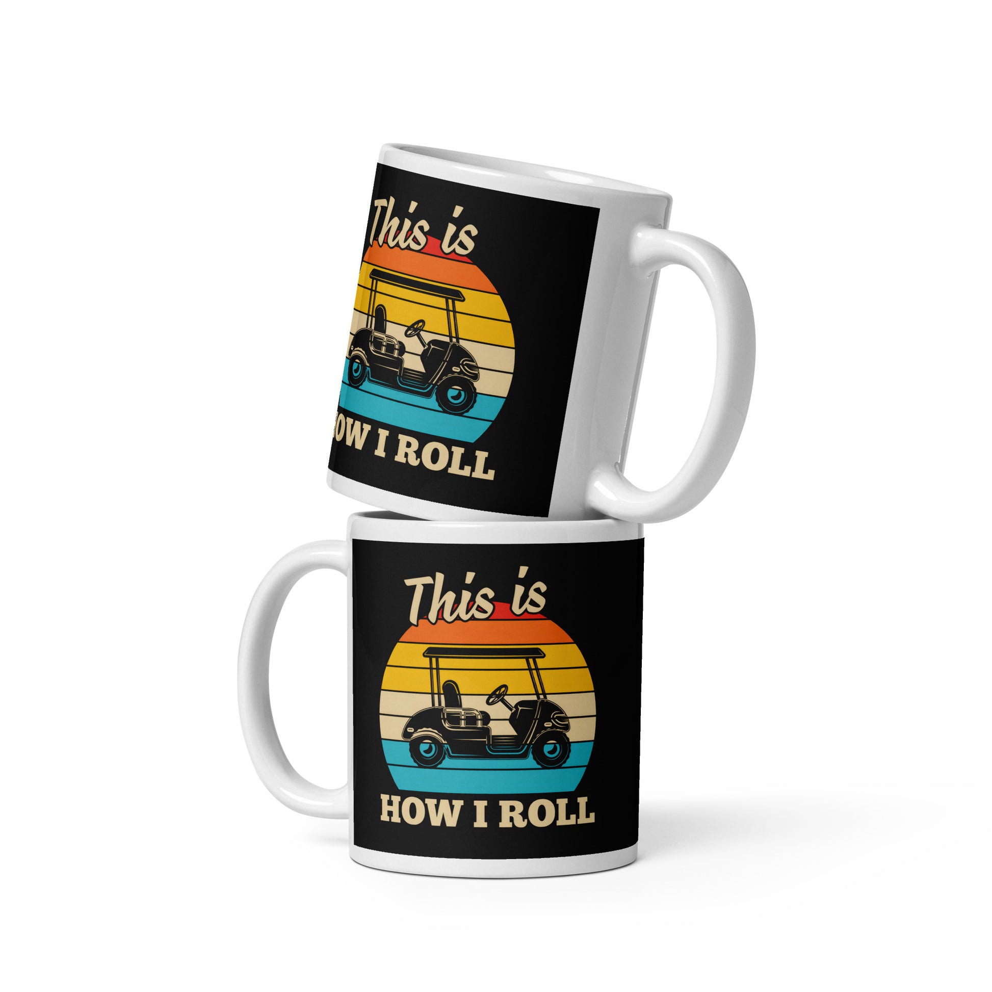 11oz ceramic mug with golf cart and retro stripe artwork