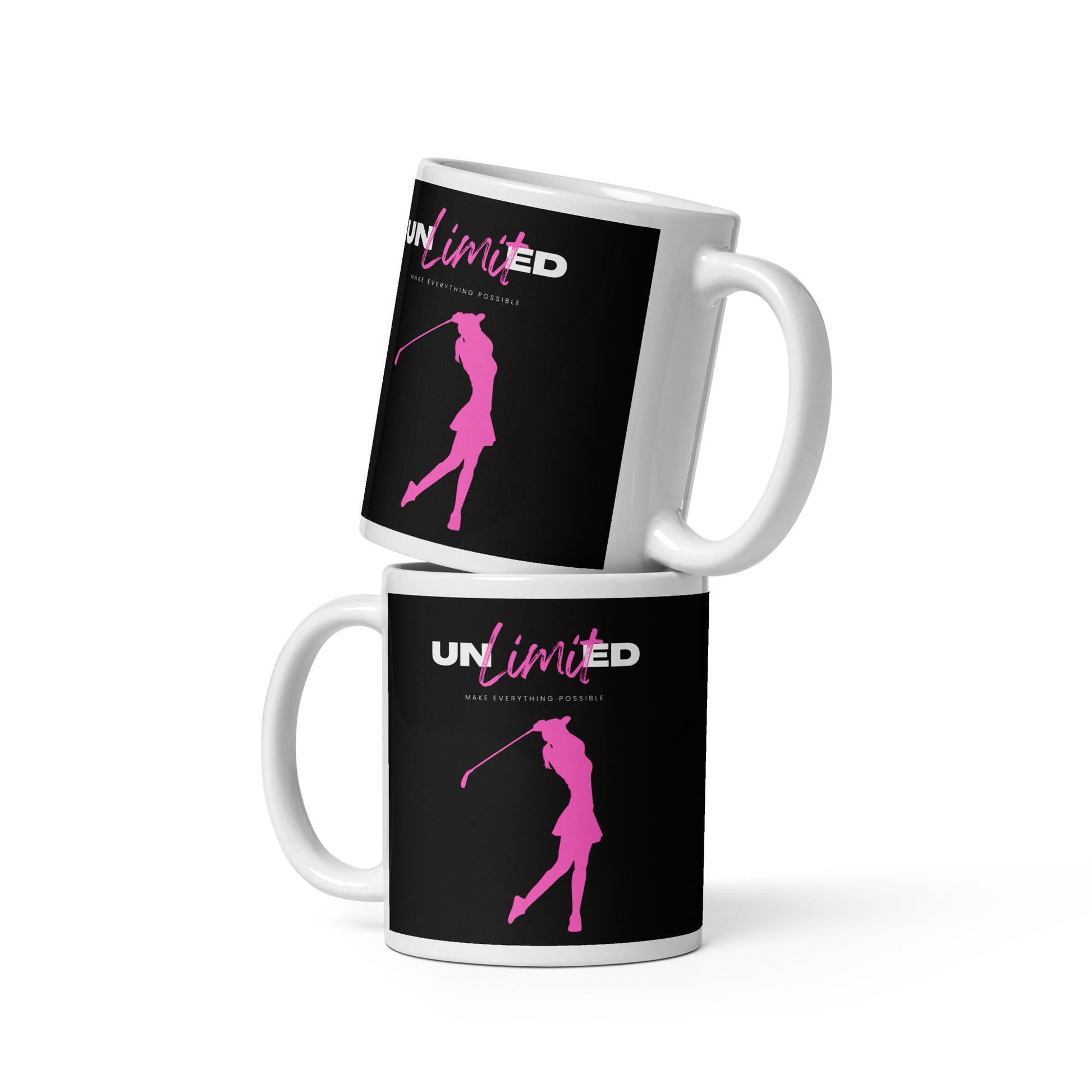 11oz ceramic mug with bold pink female golfer silhouette