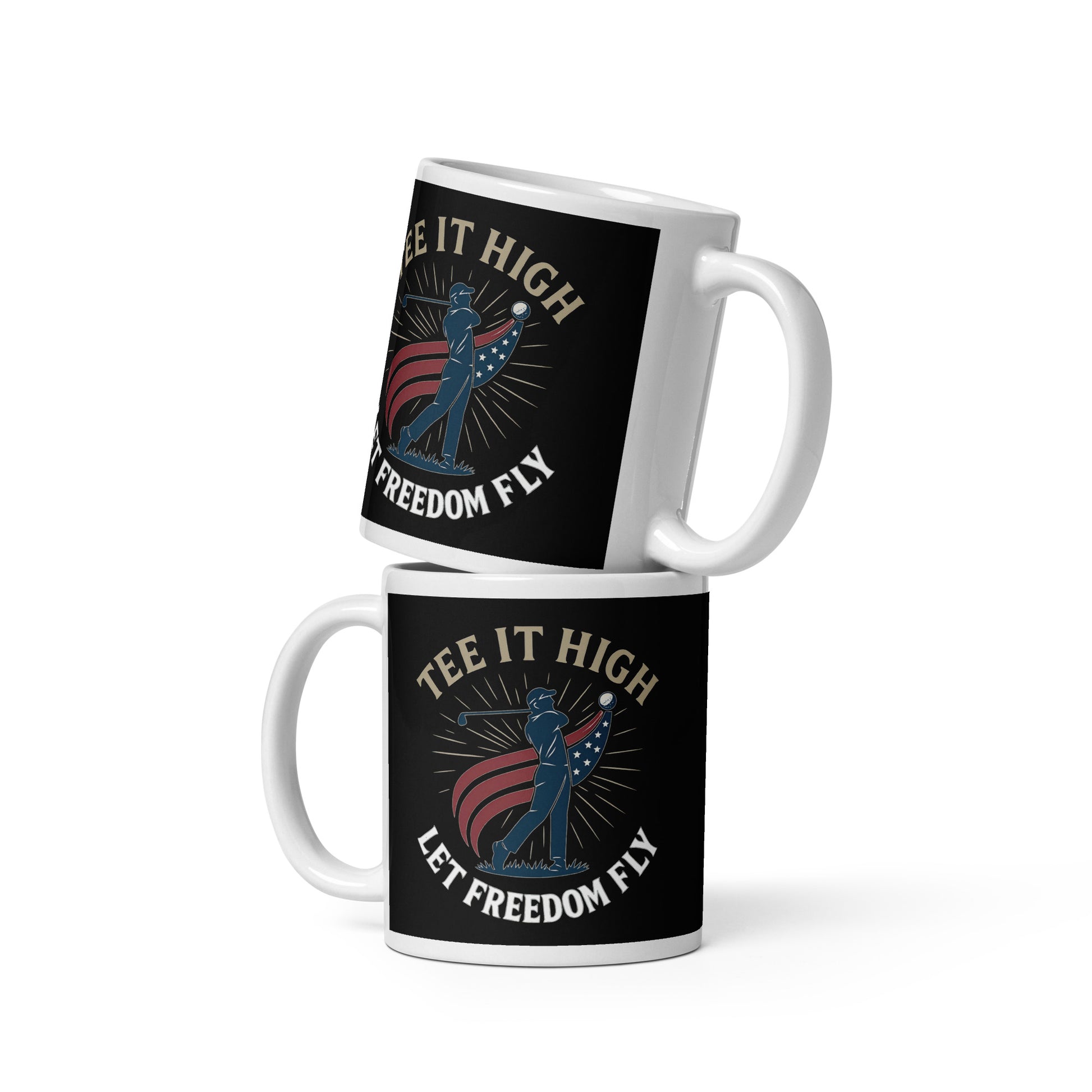 11oz golf-themed mug with black background and patriotic design