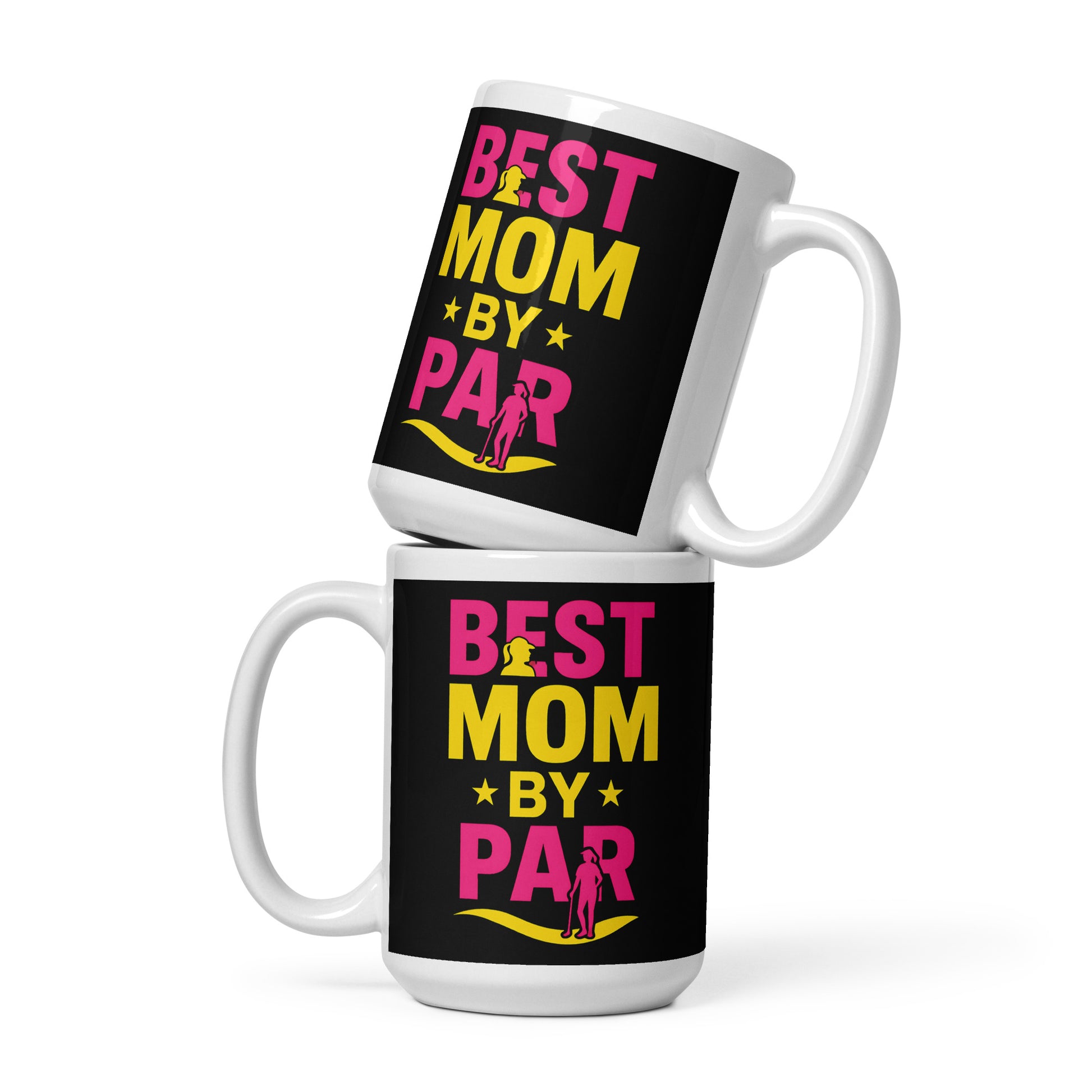 15oz mug with golfing mom silhouette and bold text