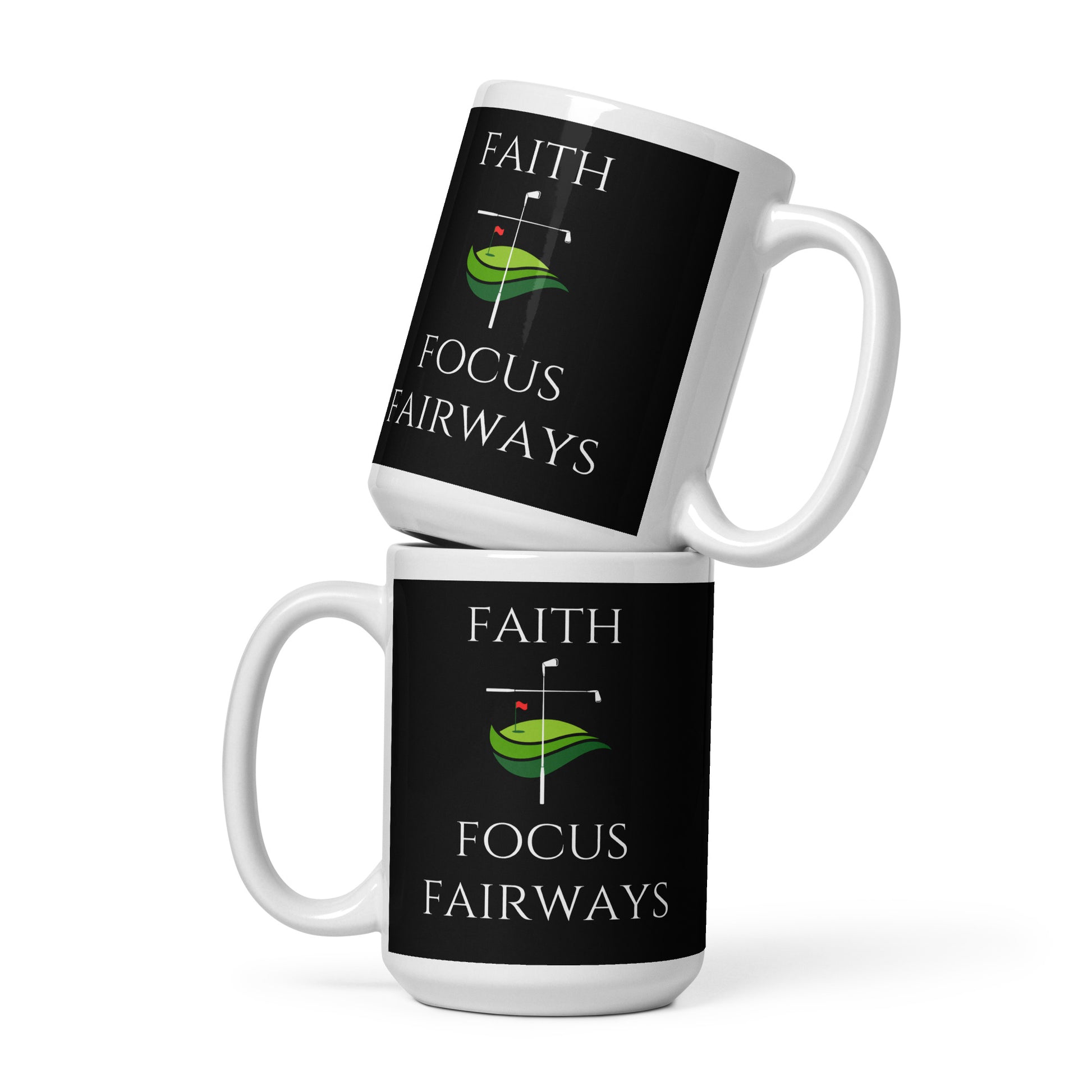 stylized cross and green on inspirational golf coffee mug
