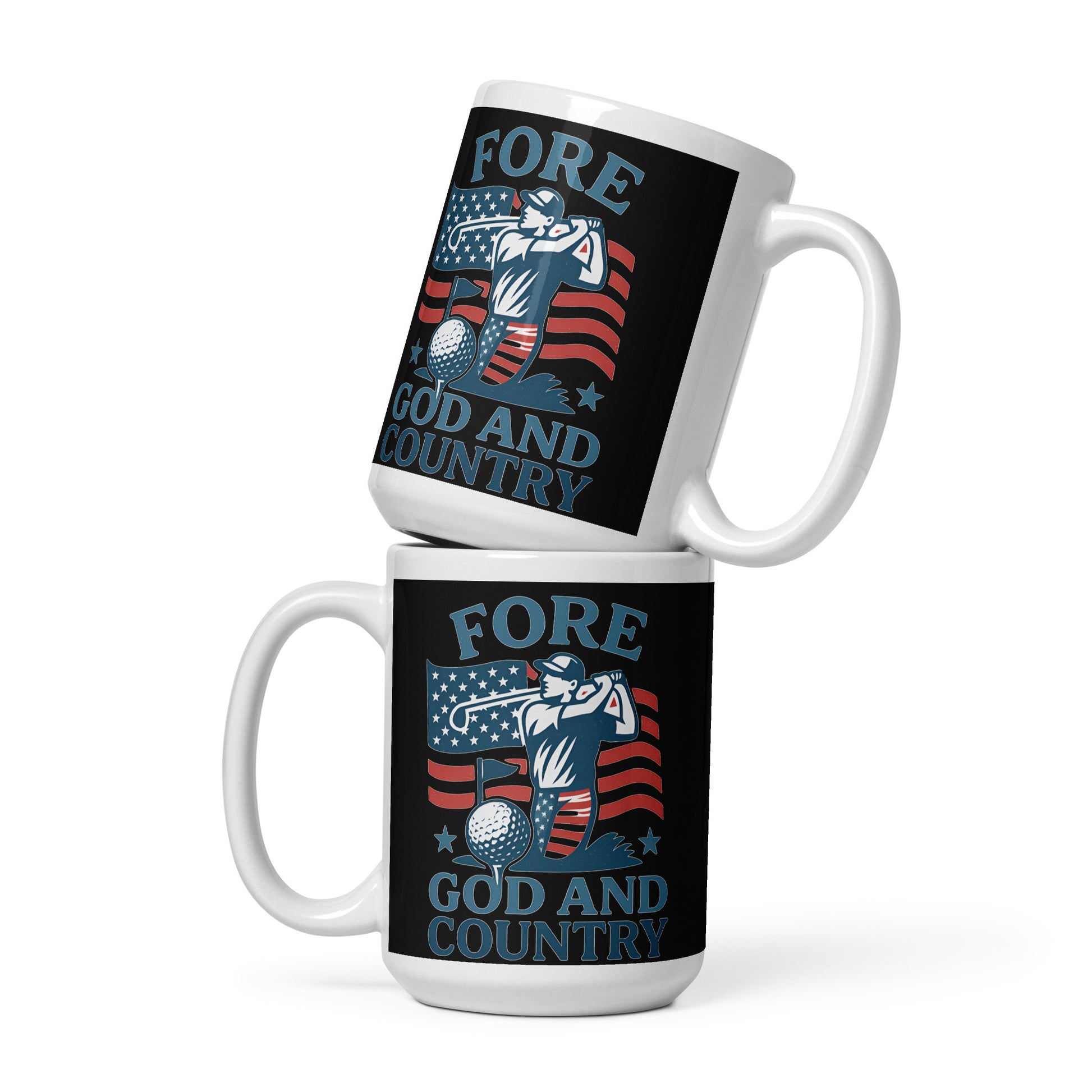 15oz mug featuring a golfer silhouette with faith and flag