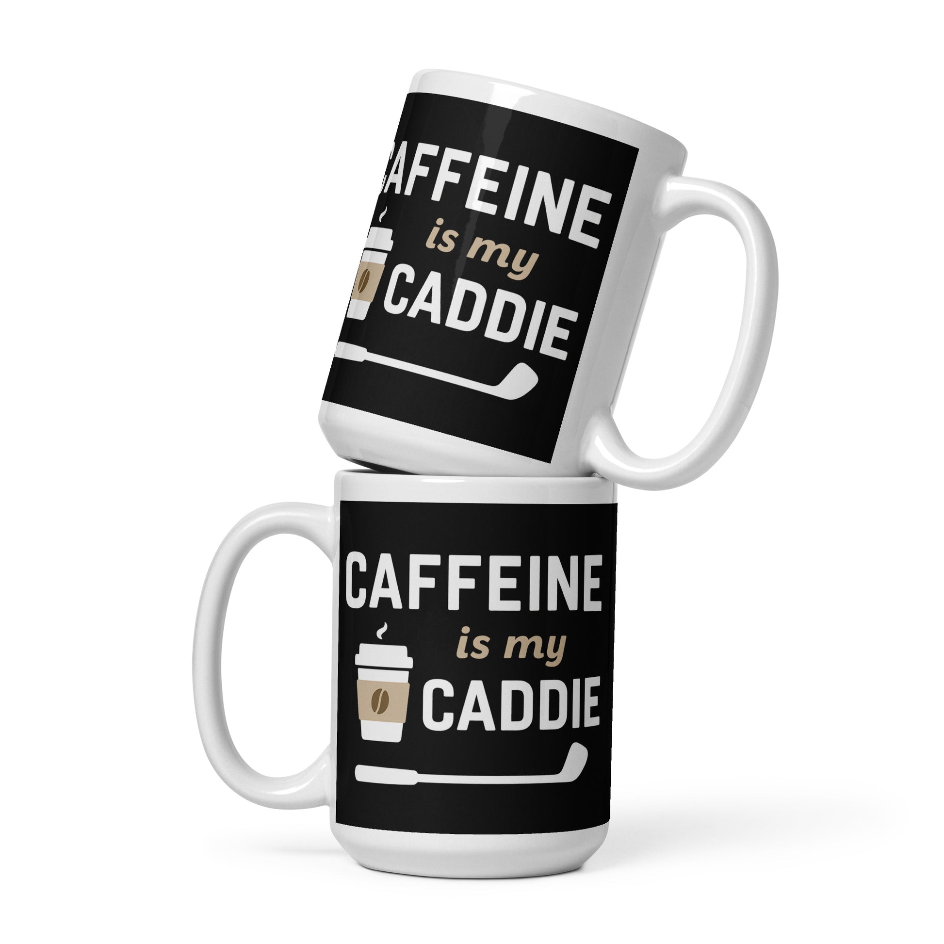 15oz mug with bold caffeine quote and golf club icon