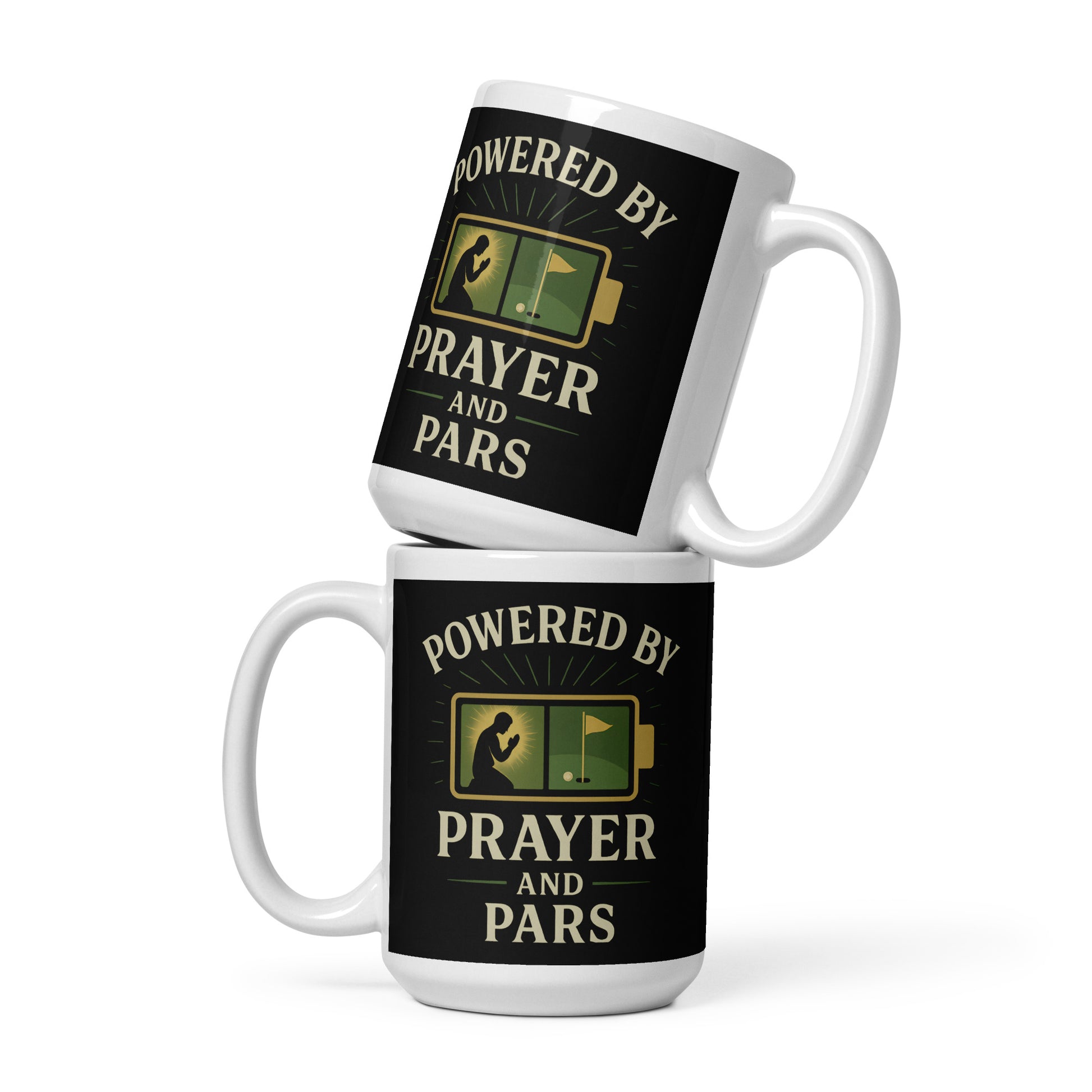 15oz ceramic mug showing faith and golf message in bold colors