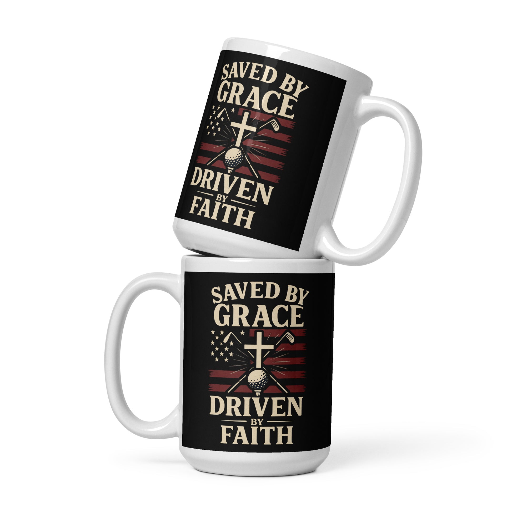 15oz ceramic mug showing faith and golf message in bold colors