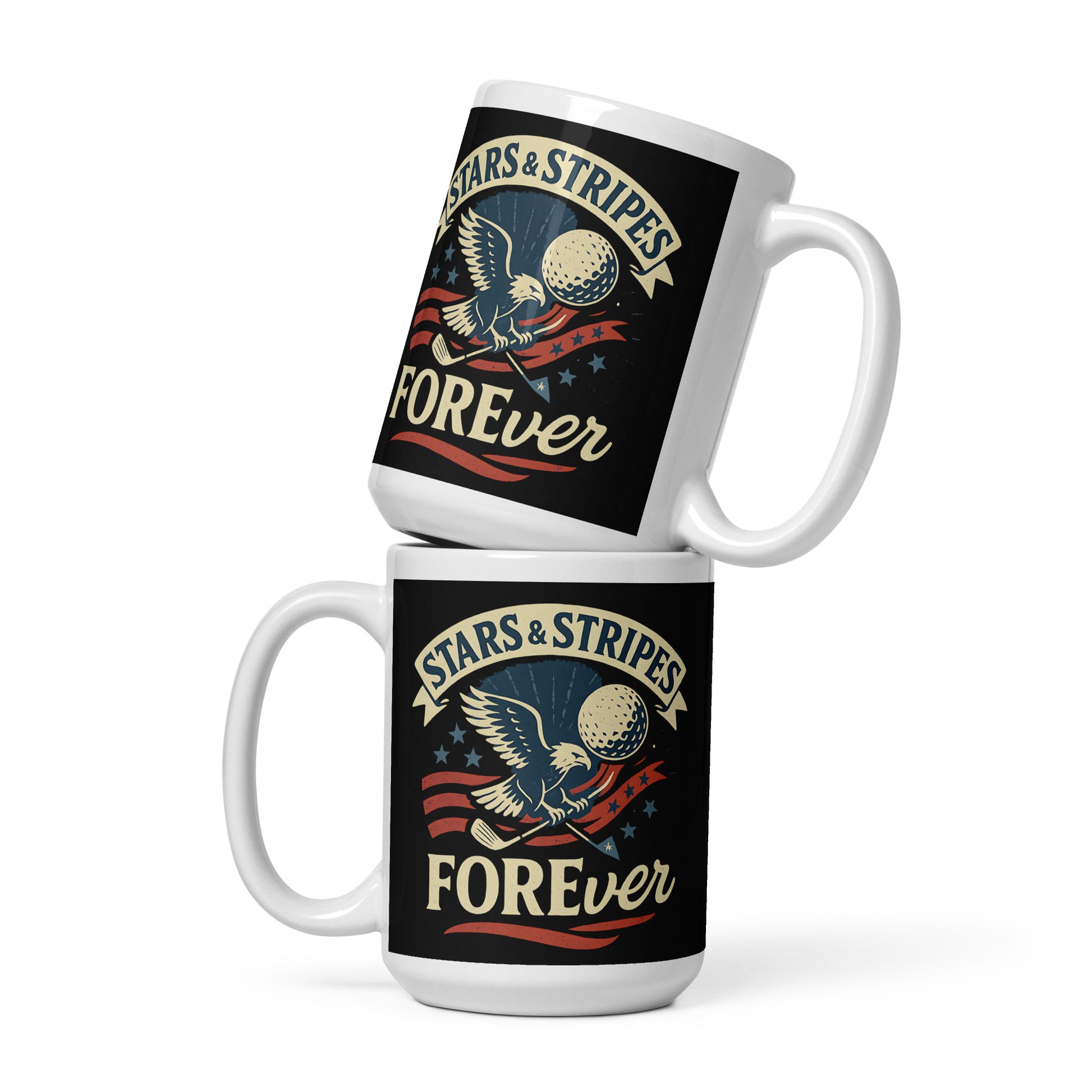 15oz ceramic cup featuring eagle, stars, and banner in bold tones