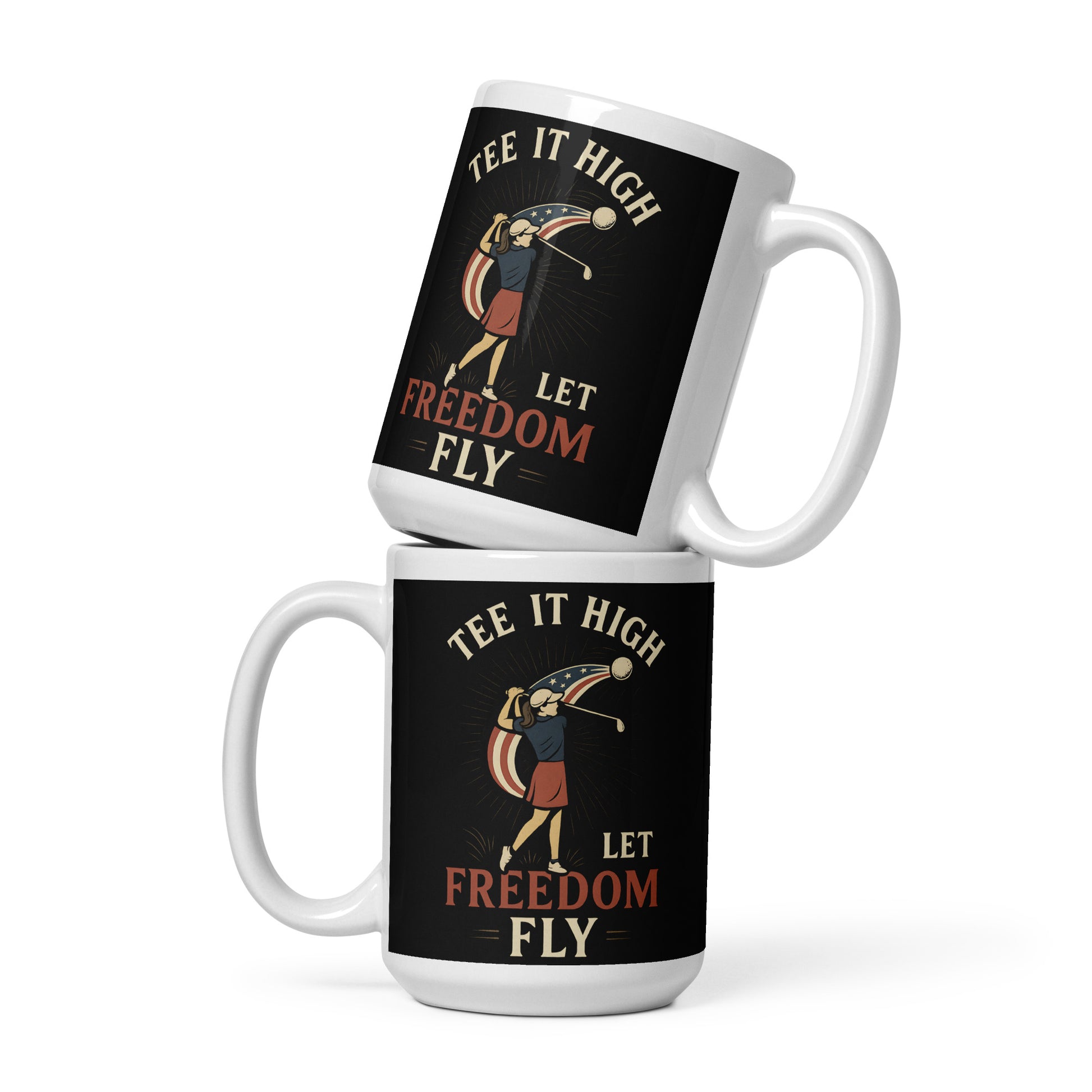 15oz coffee cup featuring bold woman golfer in action