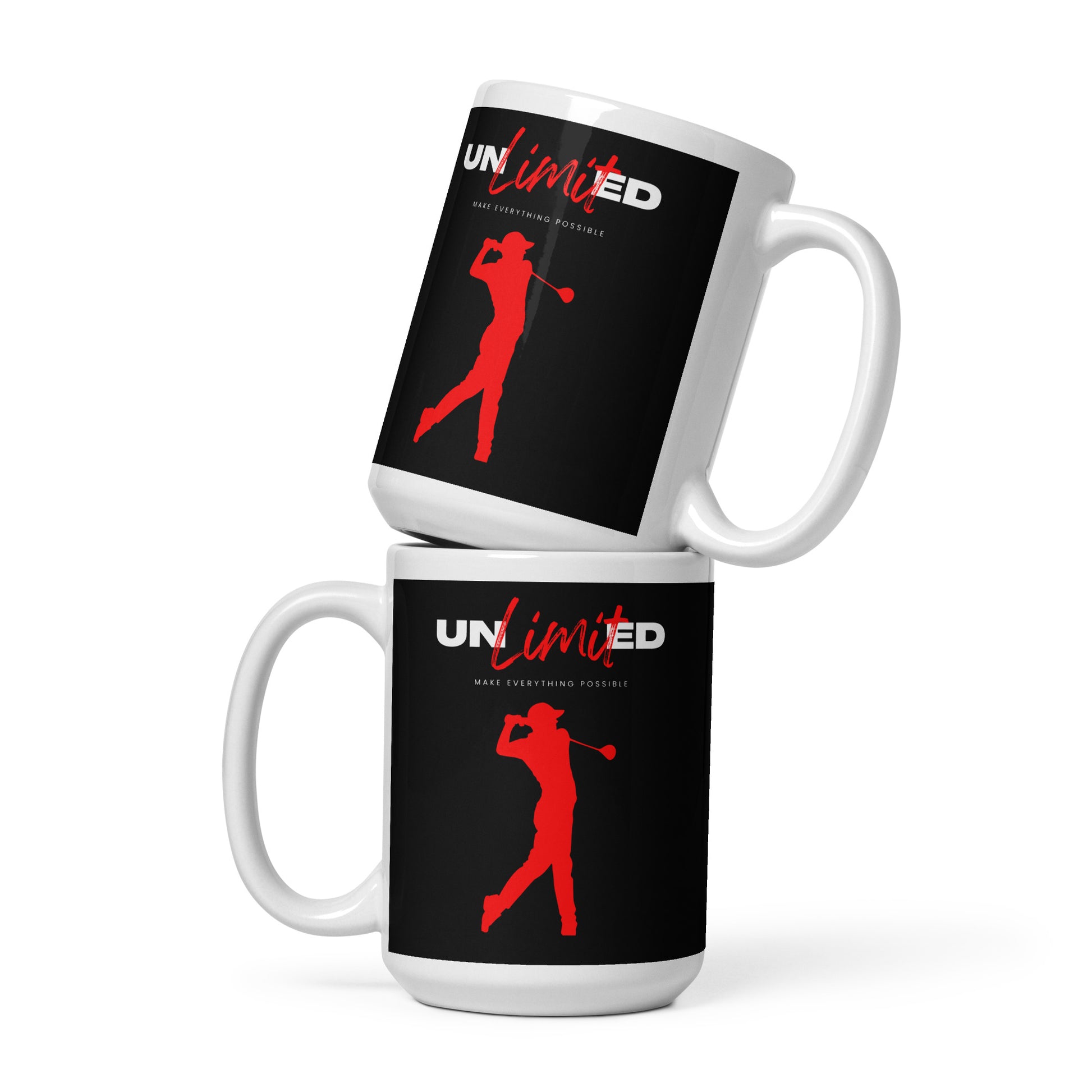 15oz ceramic mug with red golf silhouette on black background