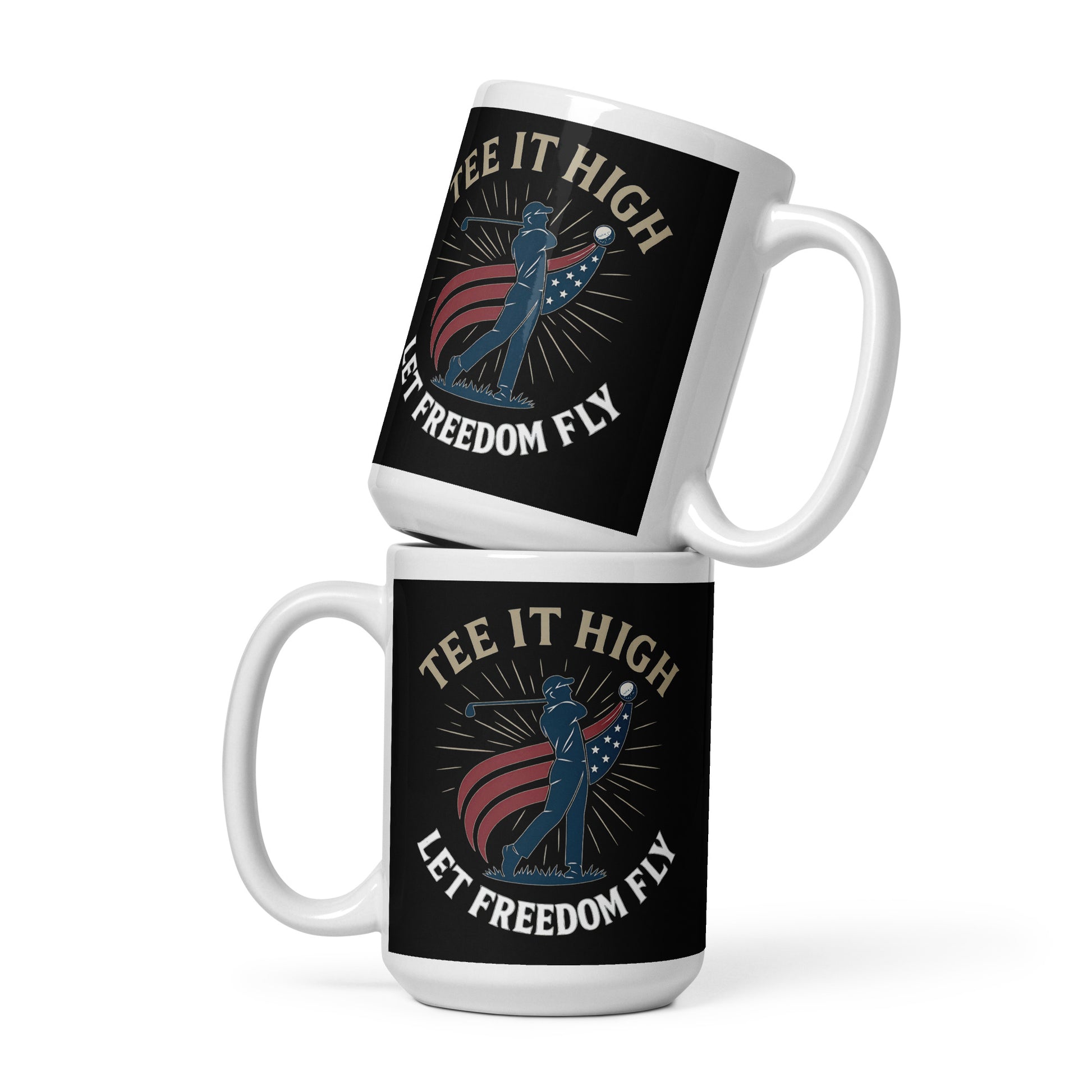 15oz coffee cup featuring golfer and stylized American flag