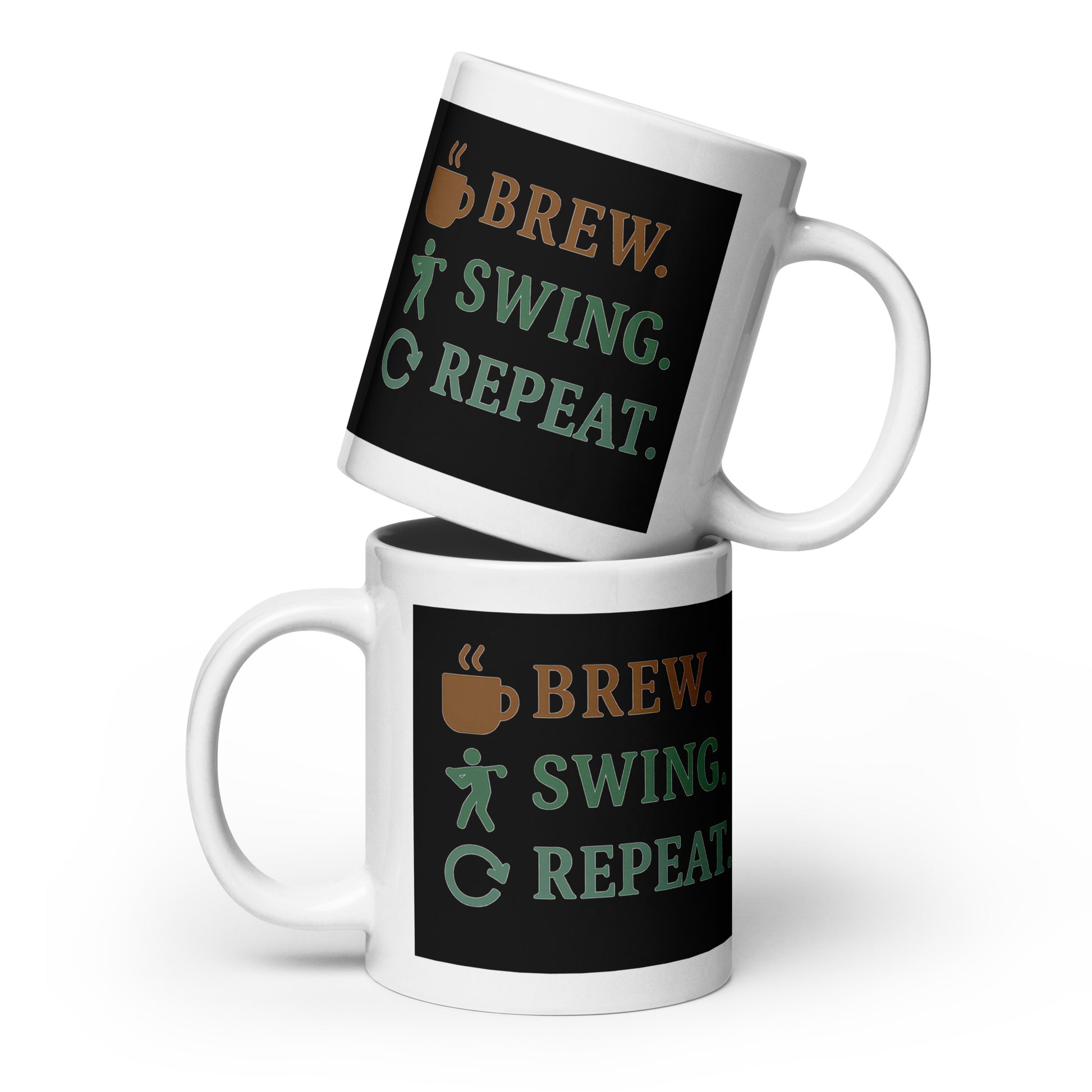 11oz coffee mug featuring BREW SWING REPEAT in colored icons