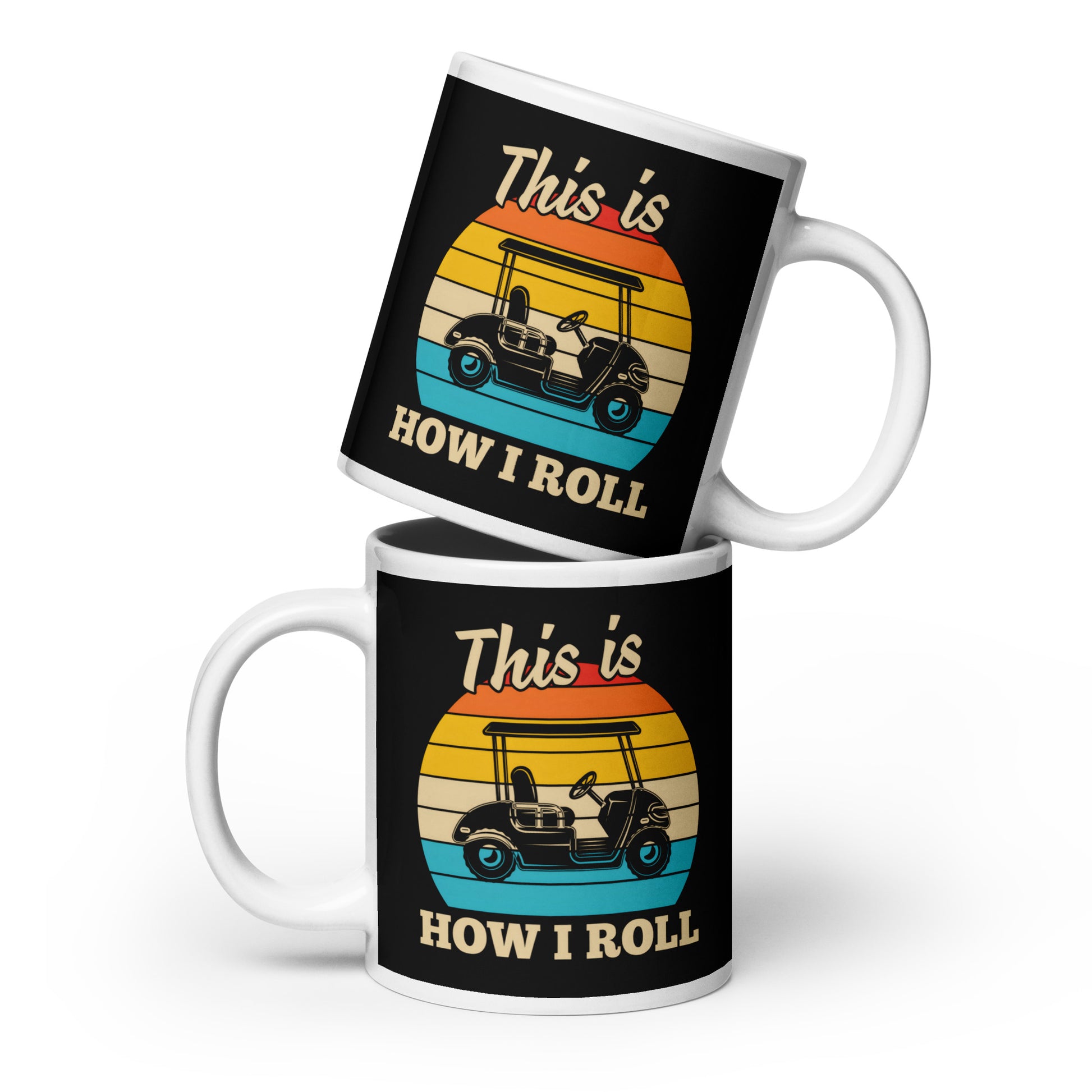 20oz ceramic mug showing colorful golf cart silhouette scene