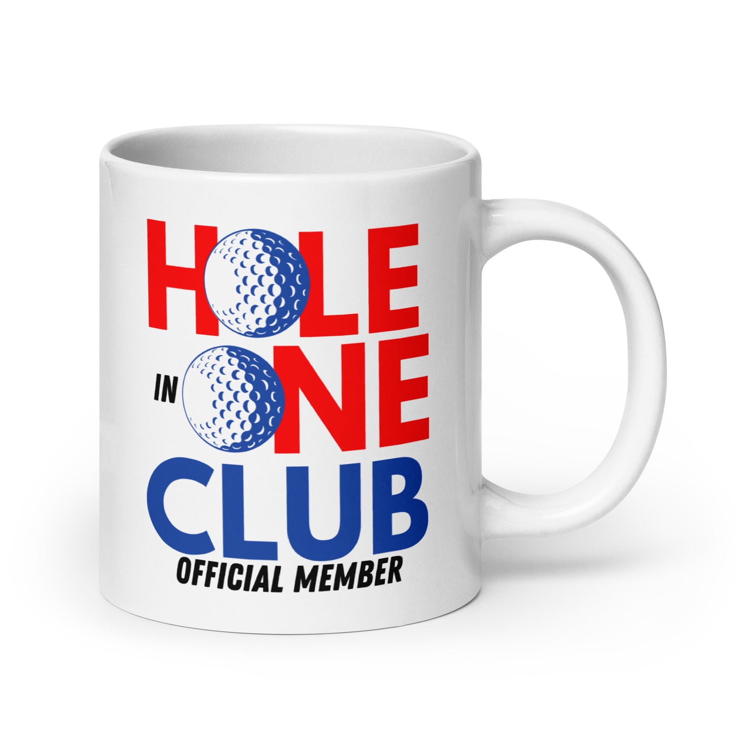 closeup of hole in one club logo on white mug