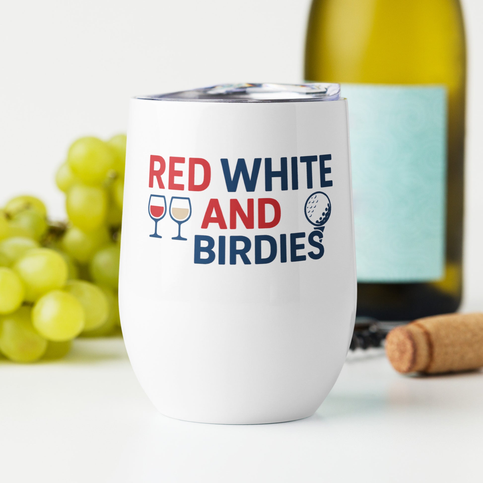 golf-themed wine cup with birdie and wine glass icons