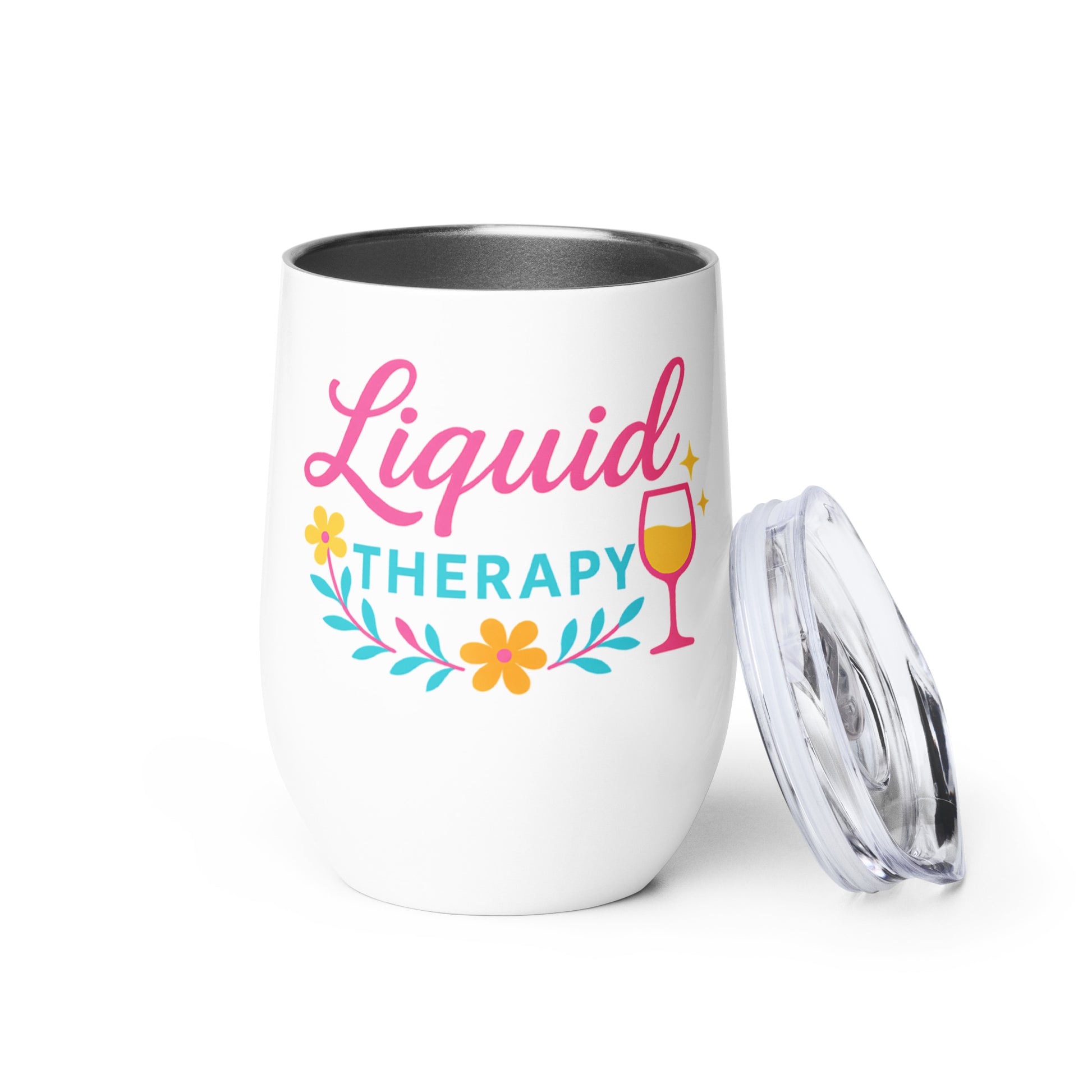 wine tumbler with liquid therapy script in pink
