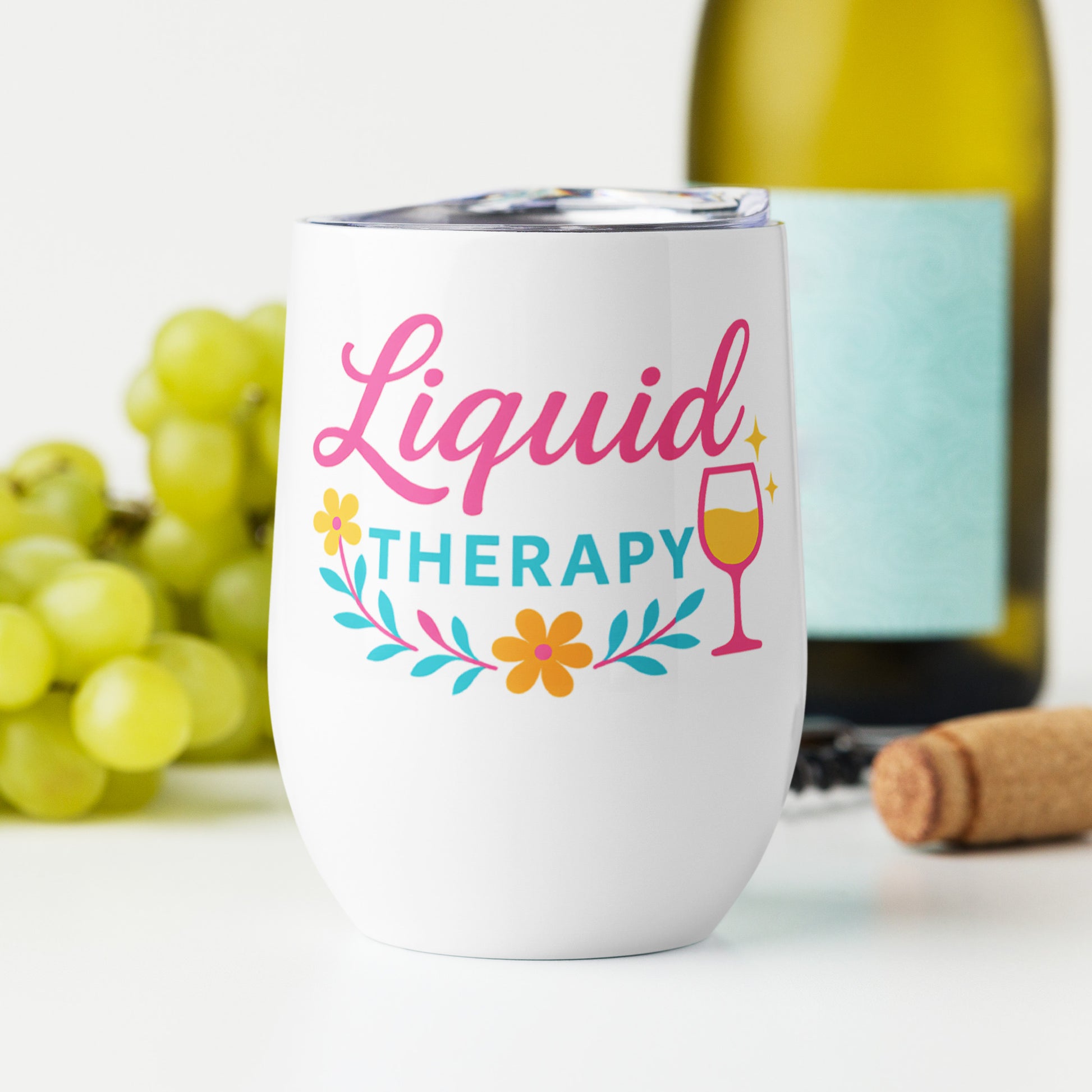 fun floral stainless tumbler with wine glass icon