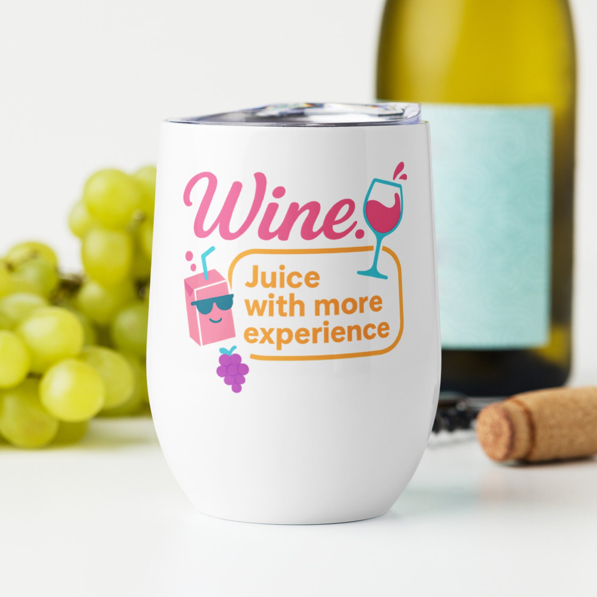 wine tumbler with cartoon juice box and grape illustration
