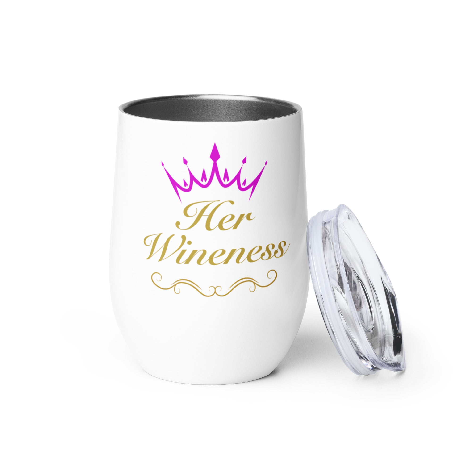 her wineness wine tumbler with pink crown graphic
