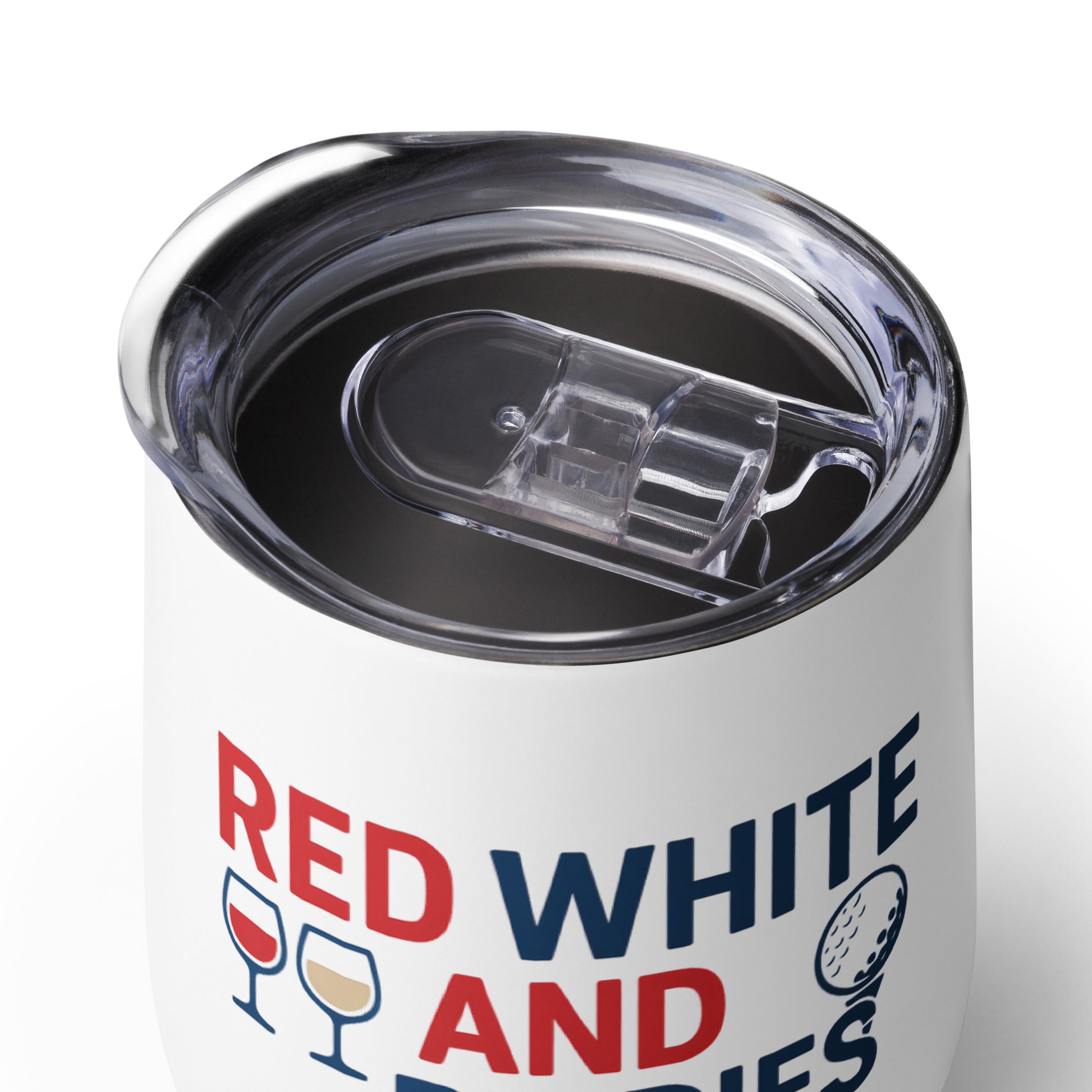 vacuum insulated red white and birdies tumbler closeup