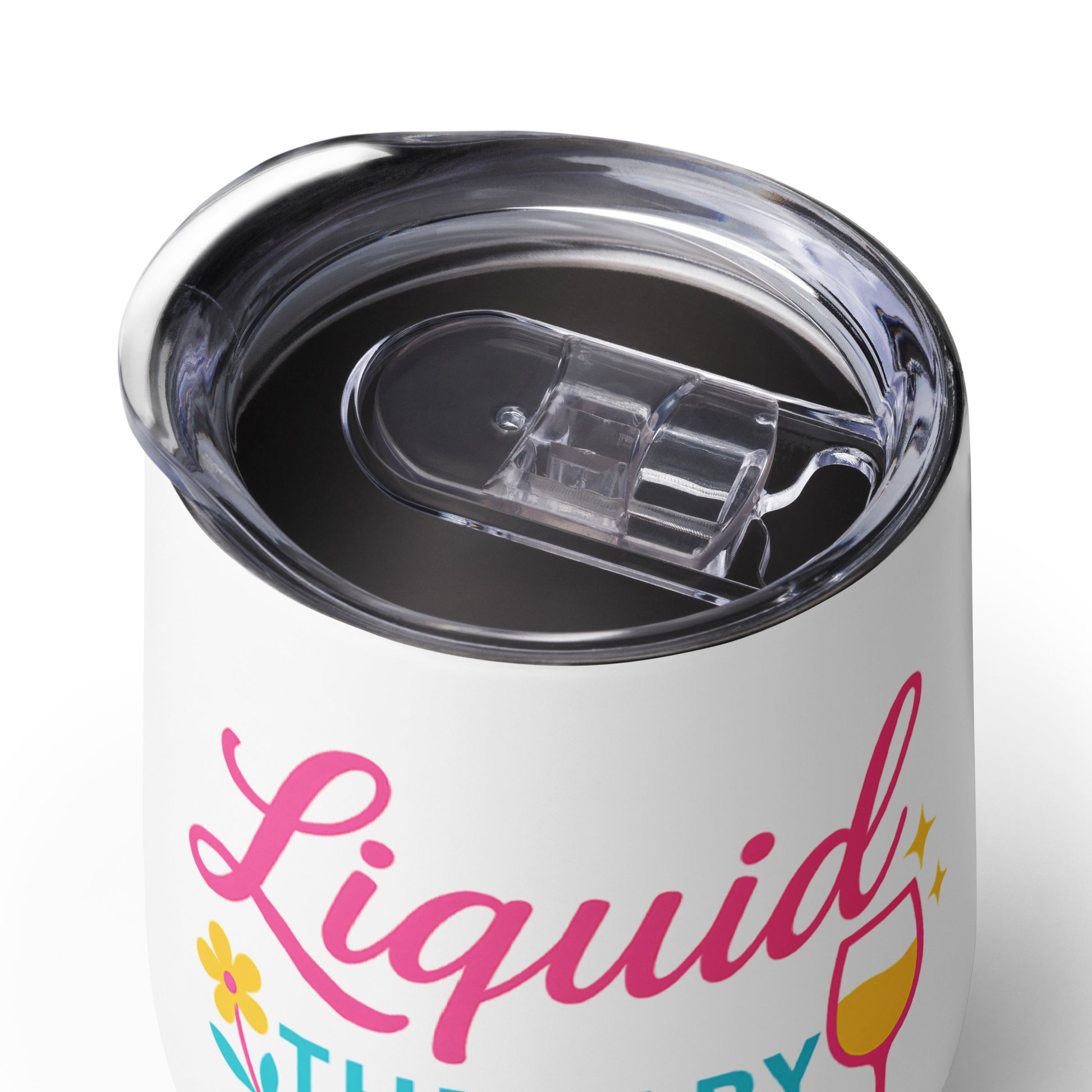 wine tumbler with flowers and teal-blue therapy text