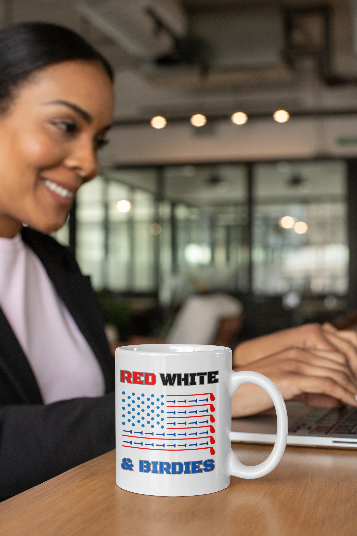 Patriotic mug featuring stylized American flag made of golf tees