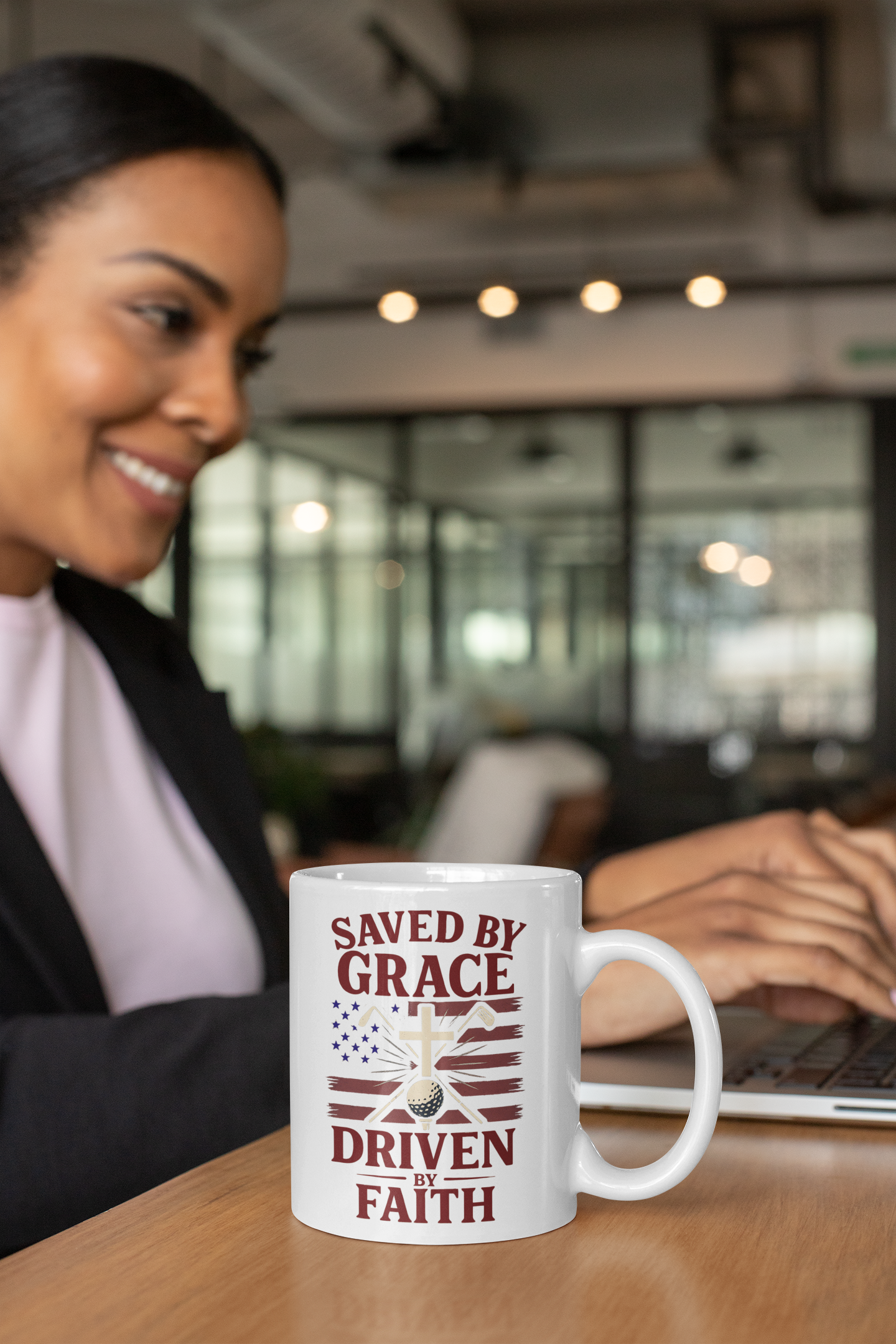 Morning coffee mug with “Saved by Grace, Driven by Faith” text