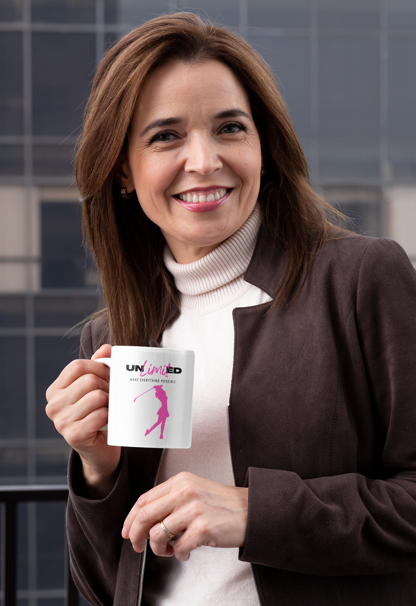 Feminine golf-themed mug with empowering swing artwork
