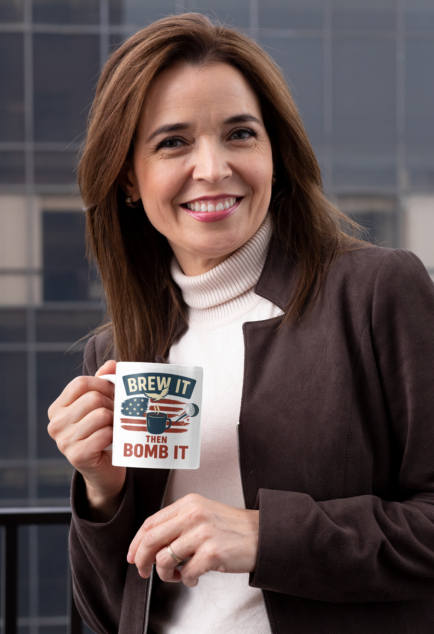 Patriotic golf-themed coffee cup with bold freedom-inspired art