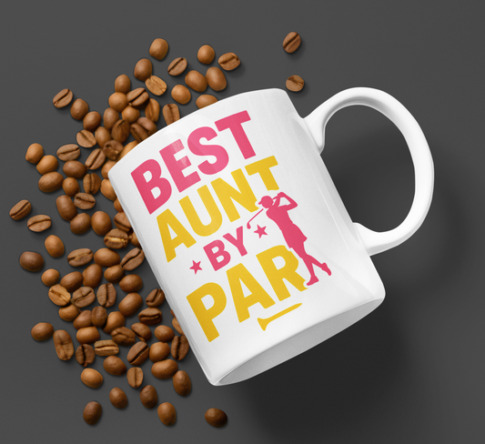 Best aunt by par 11oz white ceramic mug bold pink yellow golf design front view