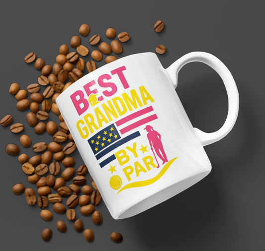 Best grandma by par white ceramic mug bold pink yellow navy golf design